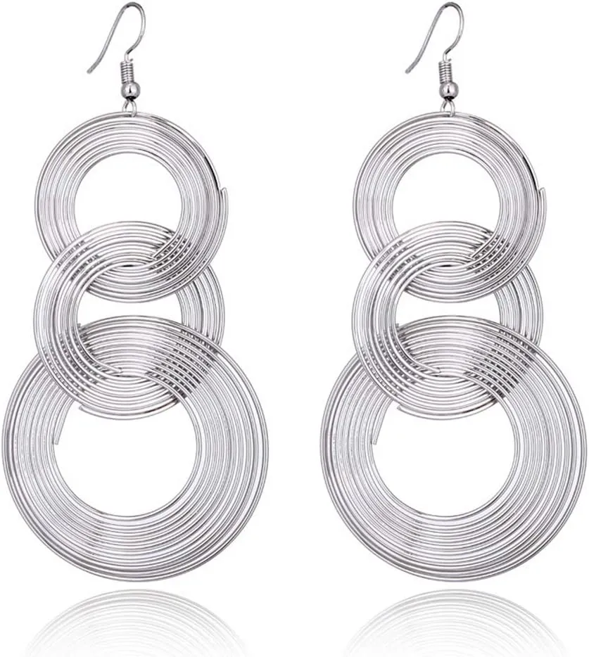 Women Gold Plated Long 70s Disco Earrings hoop round 3 circles Multi-layer drop big alloy geometric party wear Earring