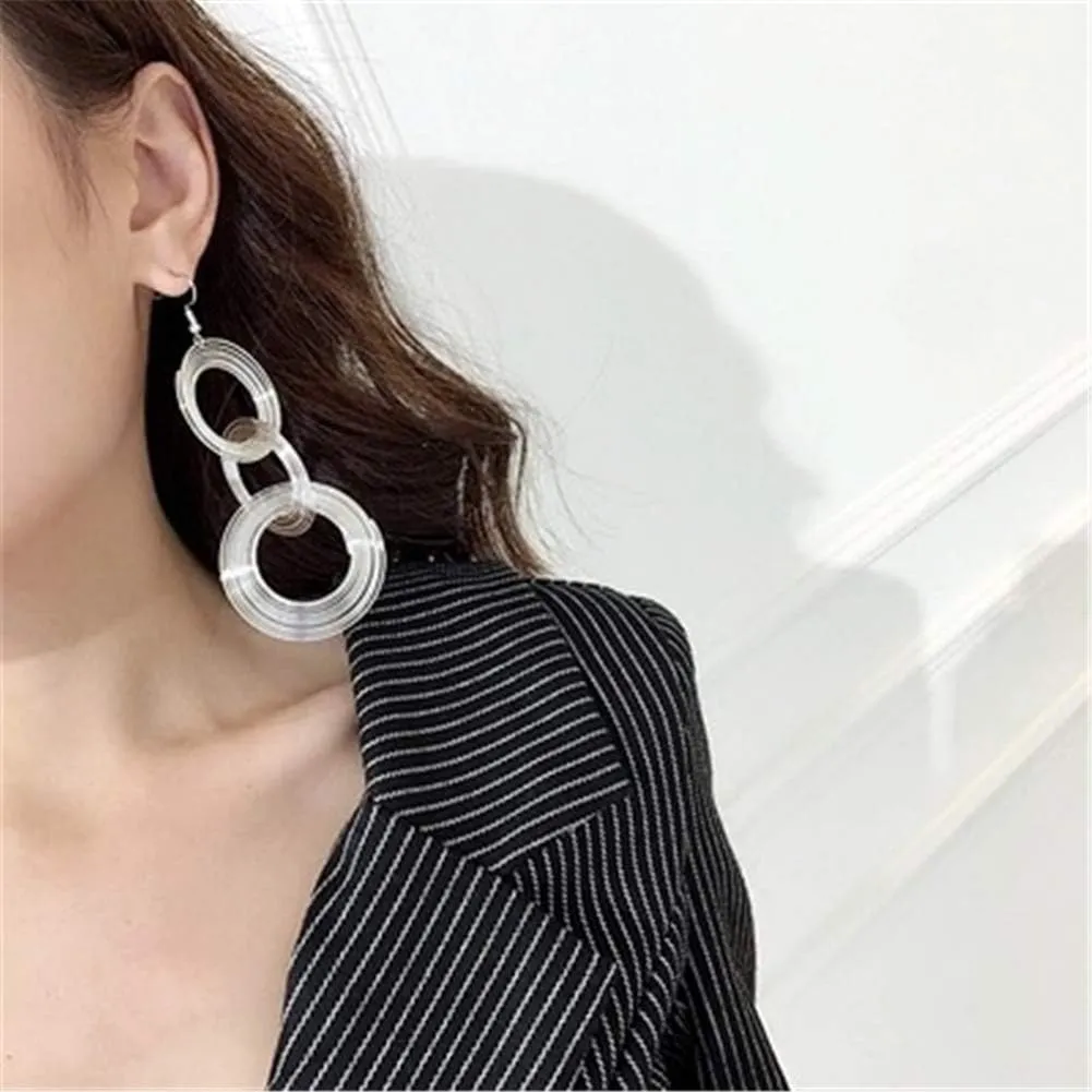 Women Gold Plated Long 70s Disco Earrings hoop round 3 circles Multi-layer drop big alloy geometric party wear Earring