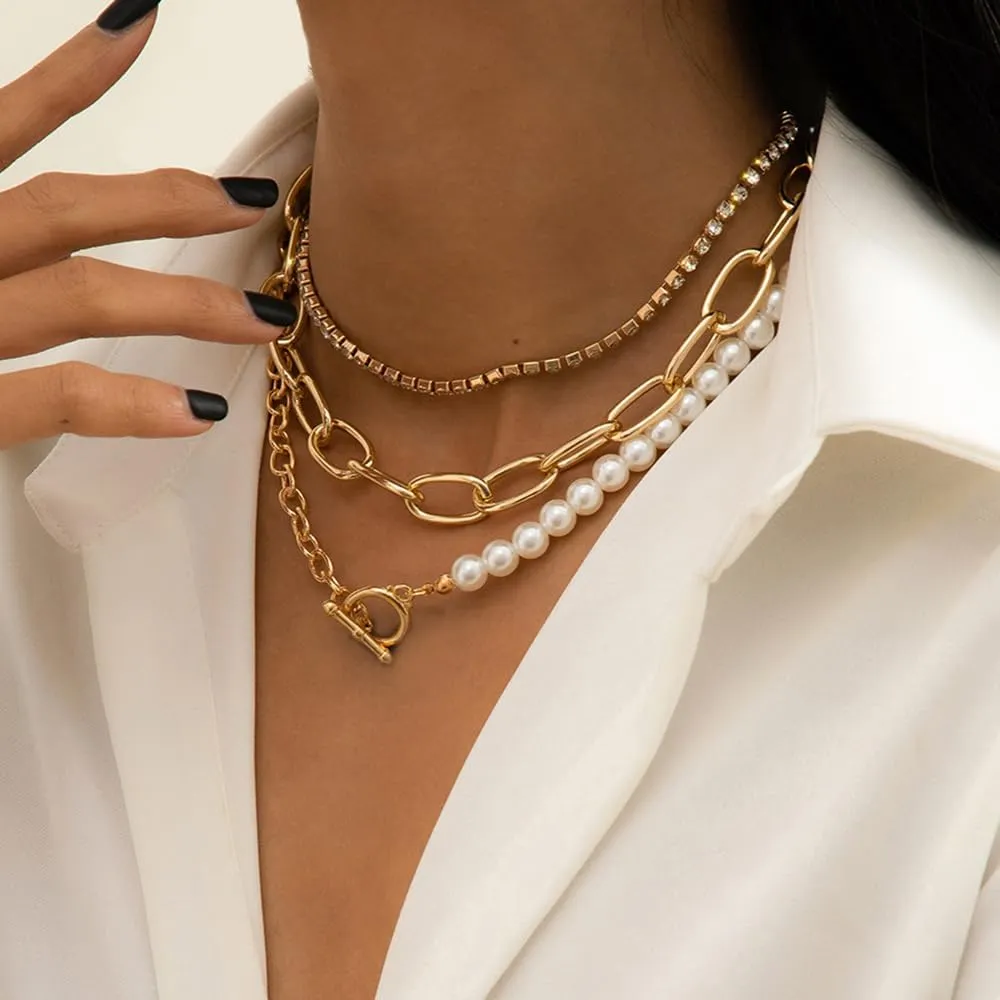 Women Multilayer Silver Gold Dainty Pearls Layered Choker Necklaces Handmade Beads Fashion Chunky Pendant Multilayer Adjustable Layering Chain Gold Plated Necklaces Set for Women