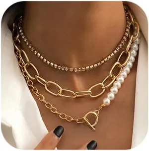 Women Multilayer Silver Gold Dainty Pearls Layered Choker Necklaces Handmade Beads Fashion Chunky Pendant Multilayer Adjustable Layering Chain Gold Plated Necklaces Set for Women