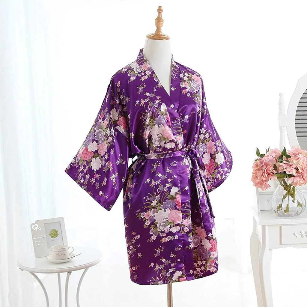 Women Sexy Cherry Blossom Kimono Dressing Gown Bath Robe Nightdress Tassel Temptation Lingerie