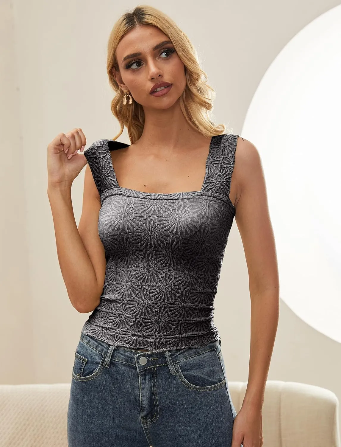 Women Square Neck Wide Strap Floral Crop Tank Top Sleeveless Lettuce Trim Solid Slim Cropped Cami Vest Tops