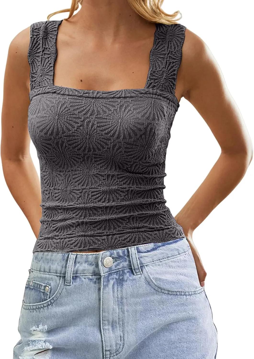 Women Square Neck Wide Strap Floral Crop Tank Top Sleeveless Lettuce Trim Solid Slim Cropped Cami Vest Tops