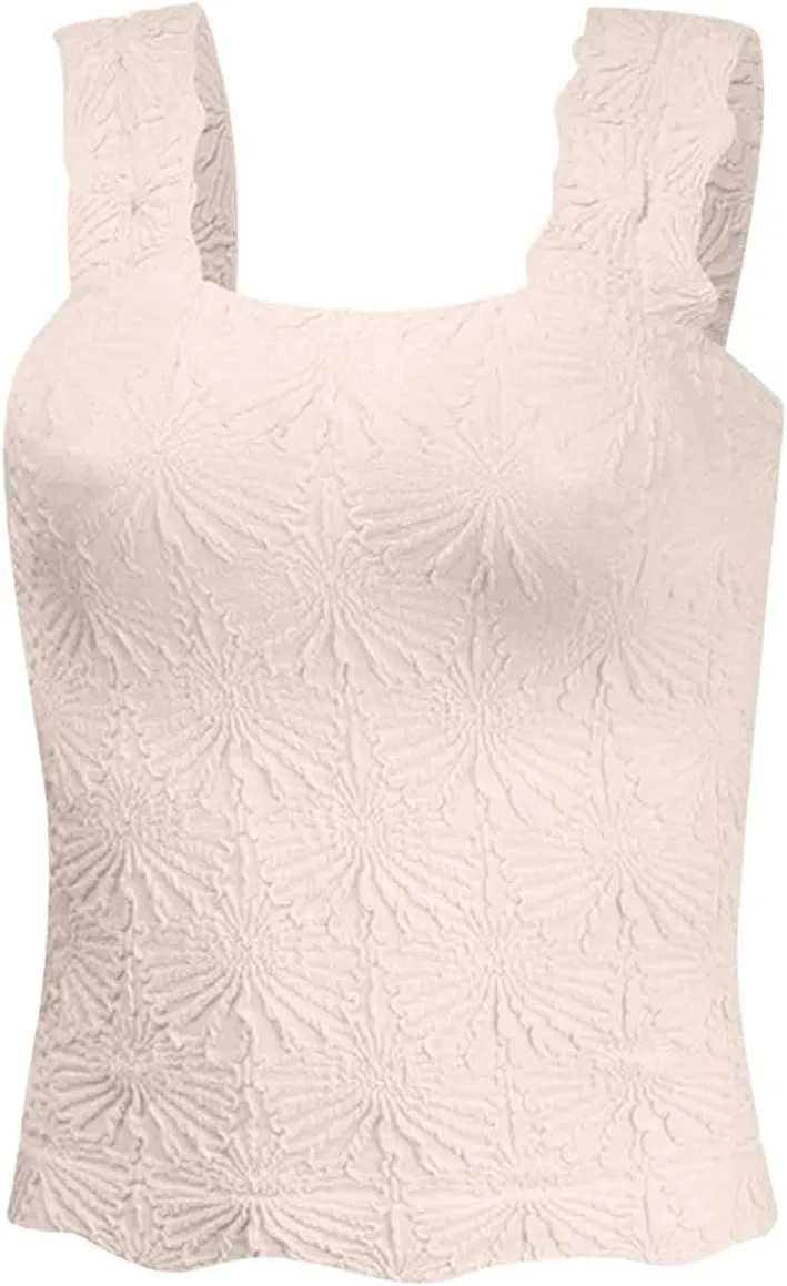 Women Square Neck Wide Straps Crop Tank Tops Casual Floral Sleeveless Lettuce Trim Tee Slim Fit Cropped Cami Vest Top