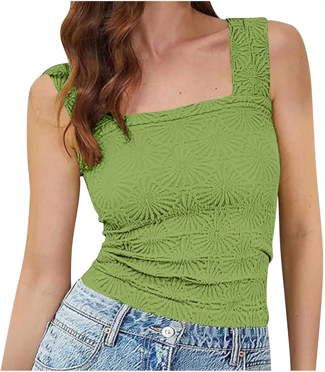 Women Square Neck Wide Straps Crop Tank Tops Casual Floral Sleeveless Lettuce Trim Tee Slim Fit Cropped Cami Vest Top