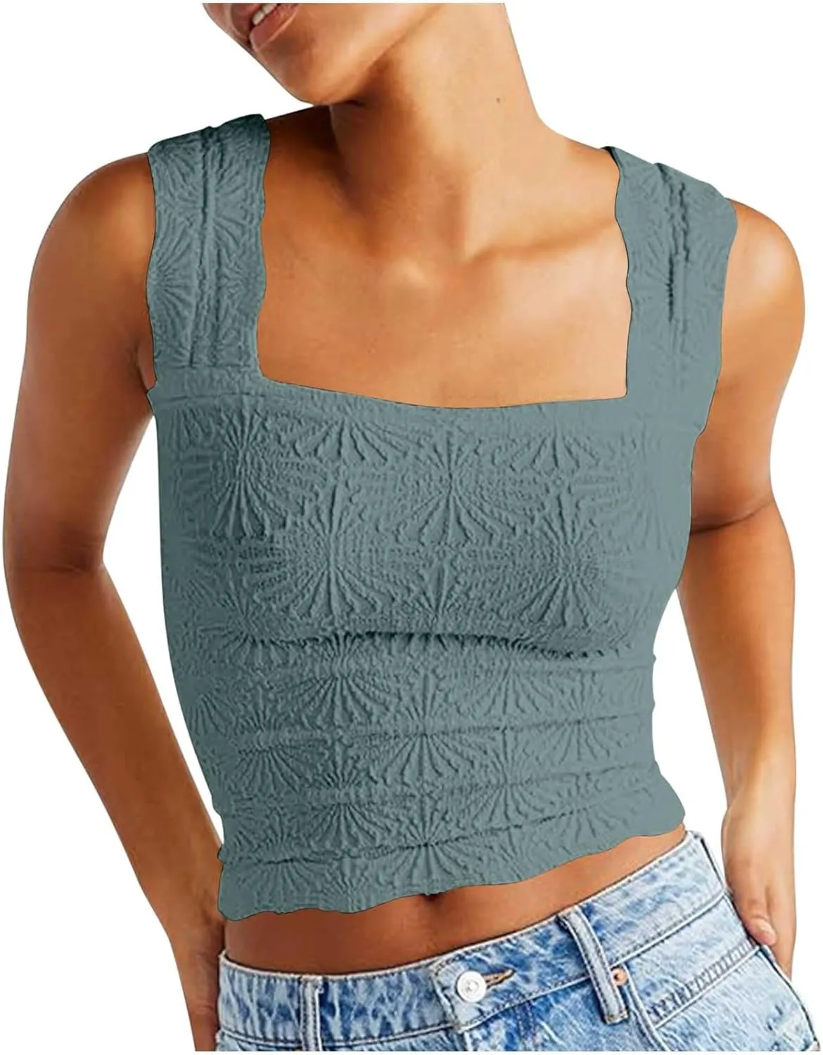 Women Square Neck Wide Straps Crop Tank Tops Casual Floral Sleeveless Lettuce Trim Tee Slim Fit Cropped Cami Vest Top
