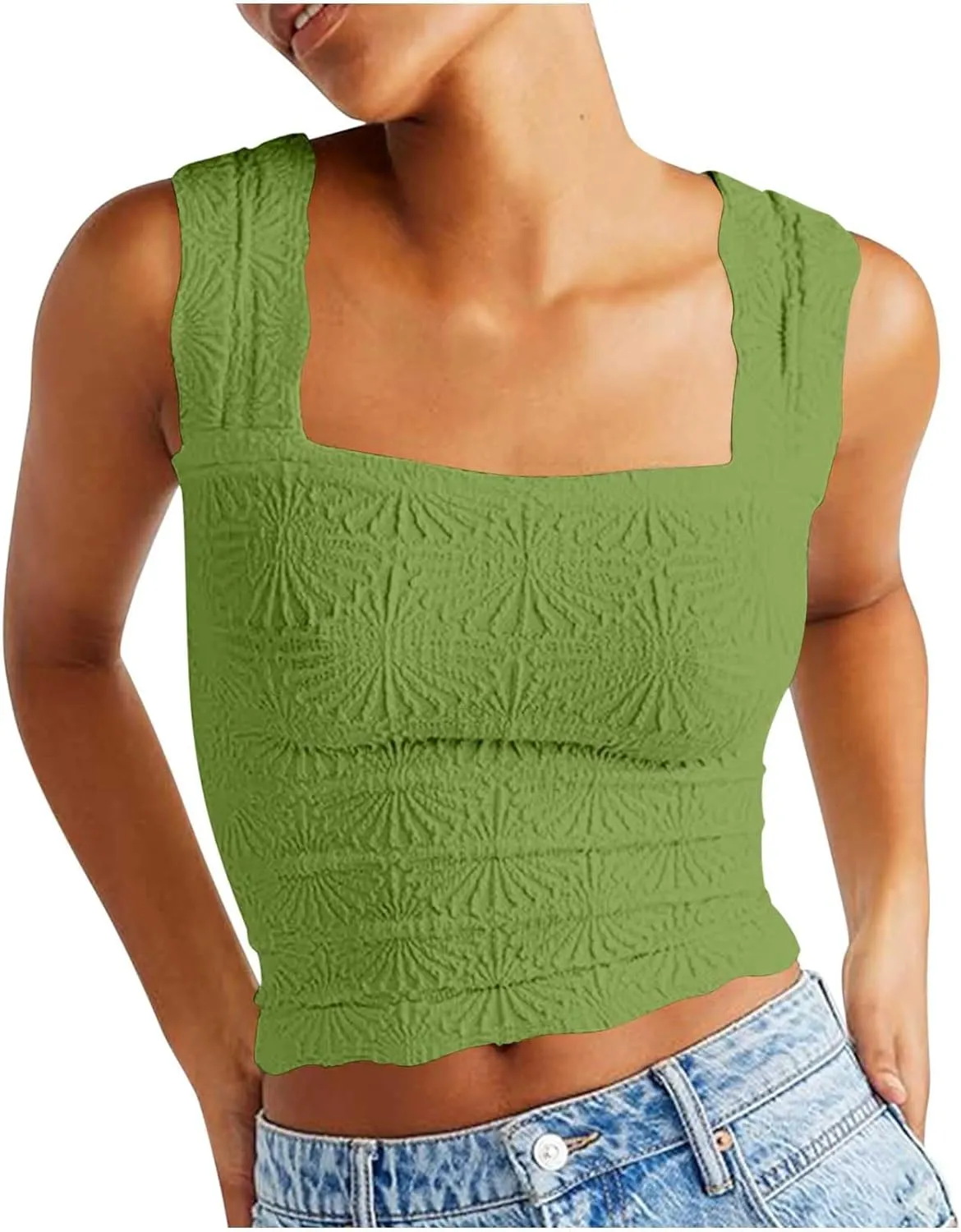 Women Square Neck Wide Straps Crop Tank Tops Casual Floral Sleeveless Lettuce Trim Tee Slim Fit Cropped Cami Vest Top
