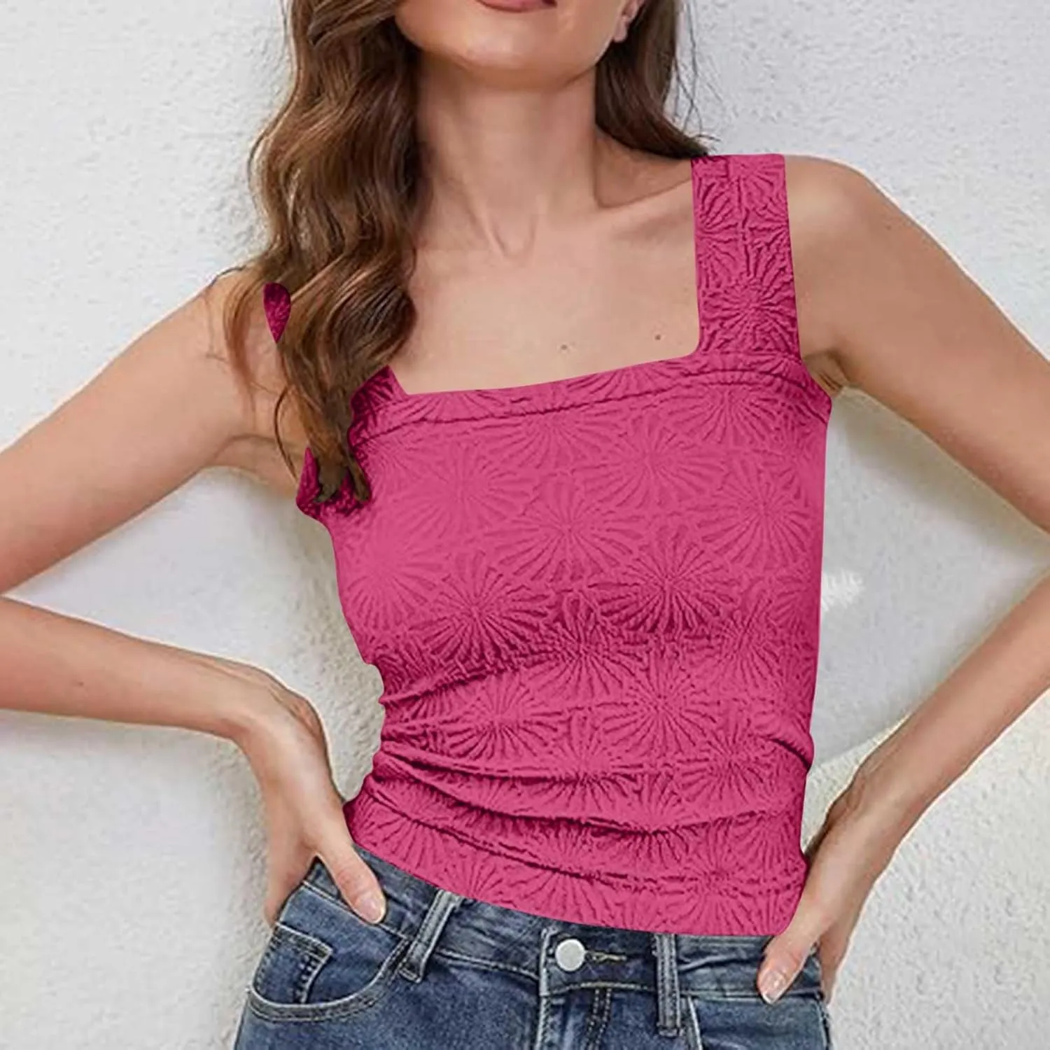Women Square Neck Wide Straps Crop Tank Tops Casual Floral Sleeveless Lettuce Trim Tee Slim Fit Cropped Cami Vest Top