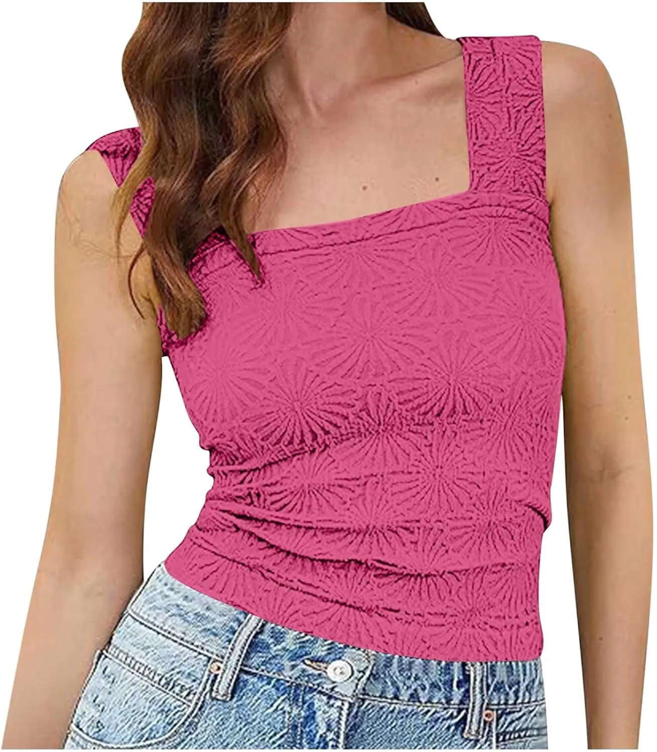 Women Square Neck Wide Straps Crop Tank Tops Casual Floral Sleeveless Lettuce Trim Tee Slim Fit Cropped Cami Vest Top