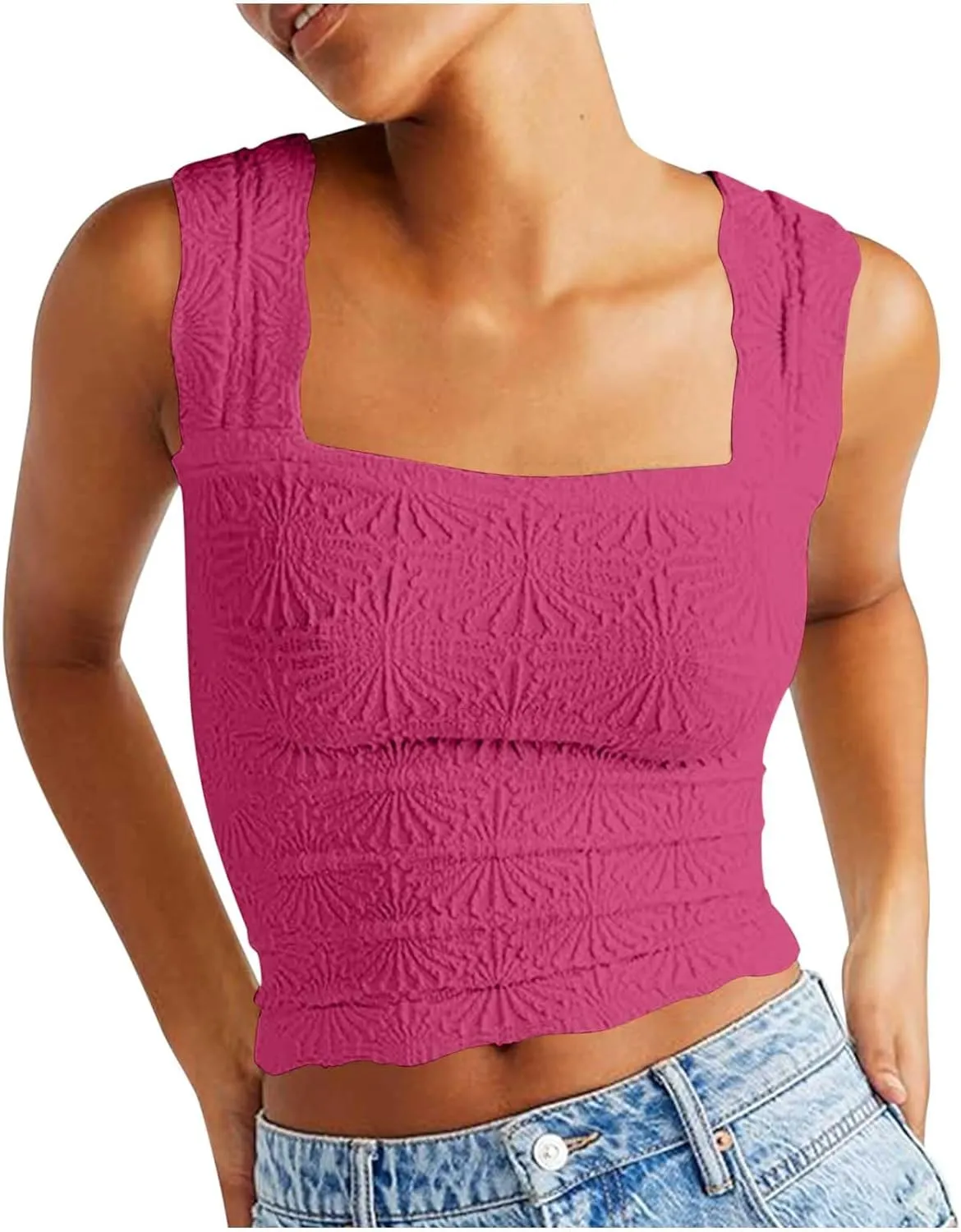 Women Square Neck Wide Straps Crop Tank Tops Casual Floral Sleeveless Lettuce Trim Tee Slim Fit Cropped Cami Vest Top