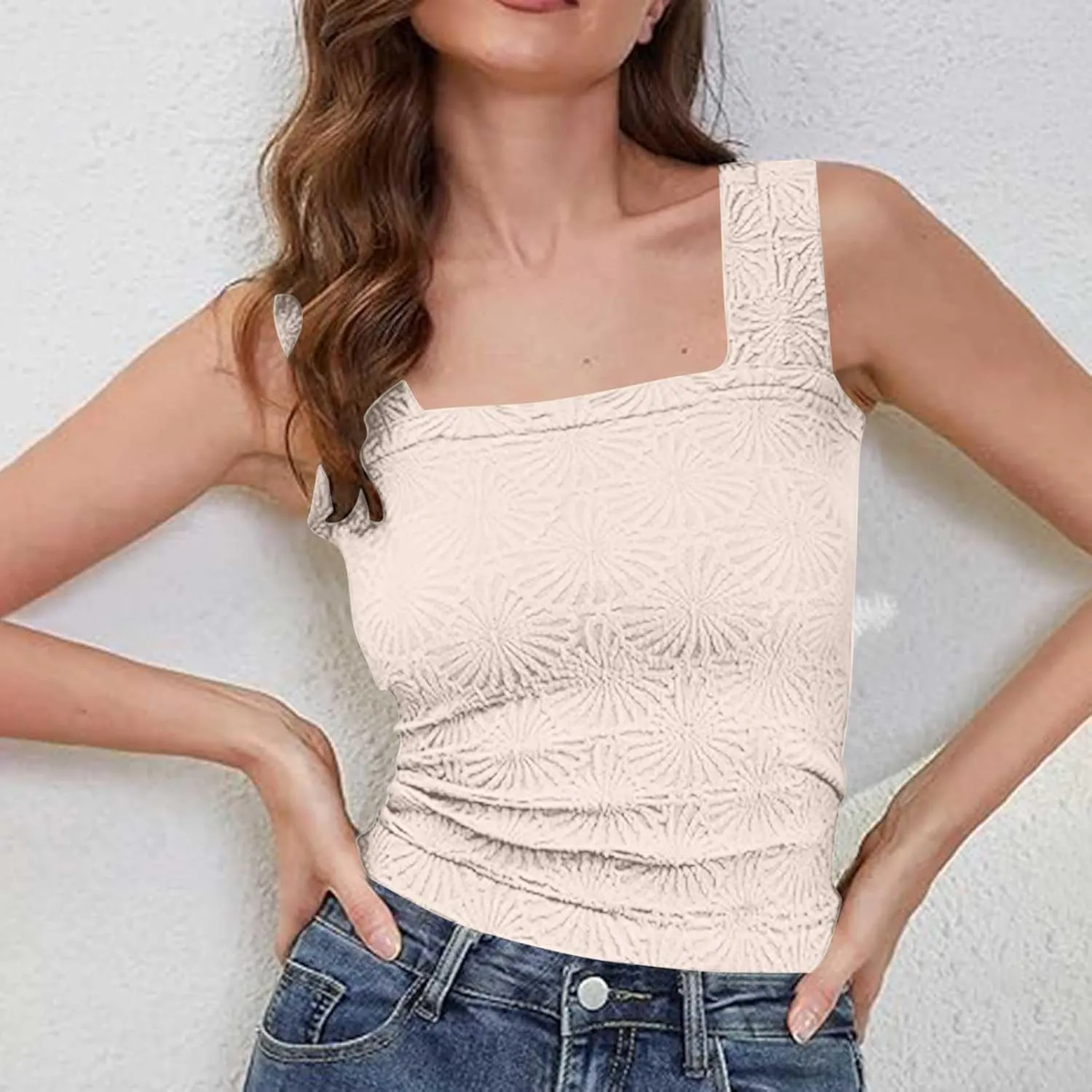 Women Square Neck Wide Straps Crop Tank Tops Casual Floral Sleeveless Lettuce Trim Tee Slim Fit Cropped Cami Vest Top