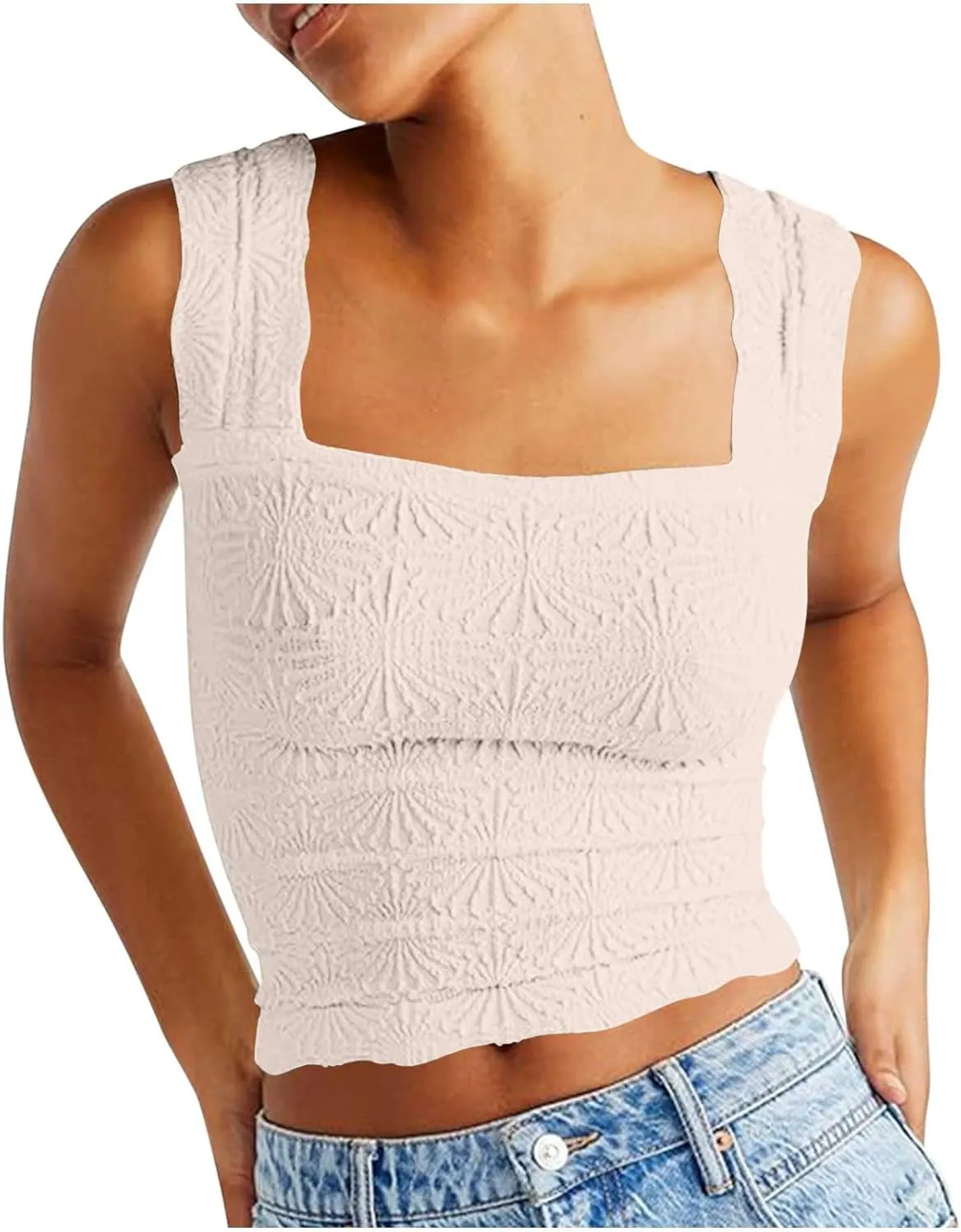 Women Square Neck Wide Straps Crop Tank Tops Casual Floral Sleeveless Lettuce Trim Tee Slim Fit Cropped Cami Vest Top