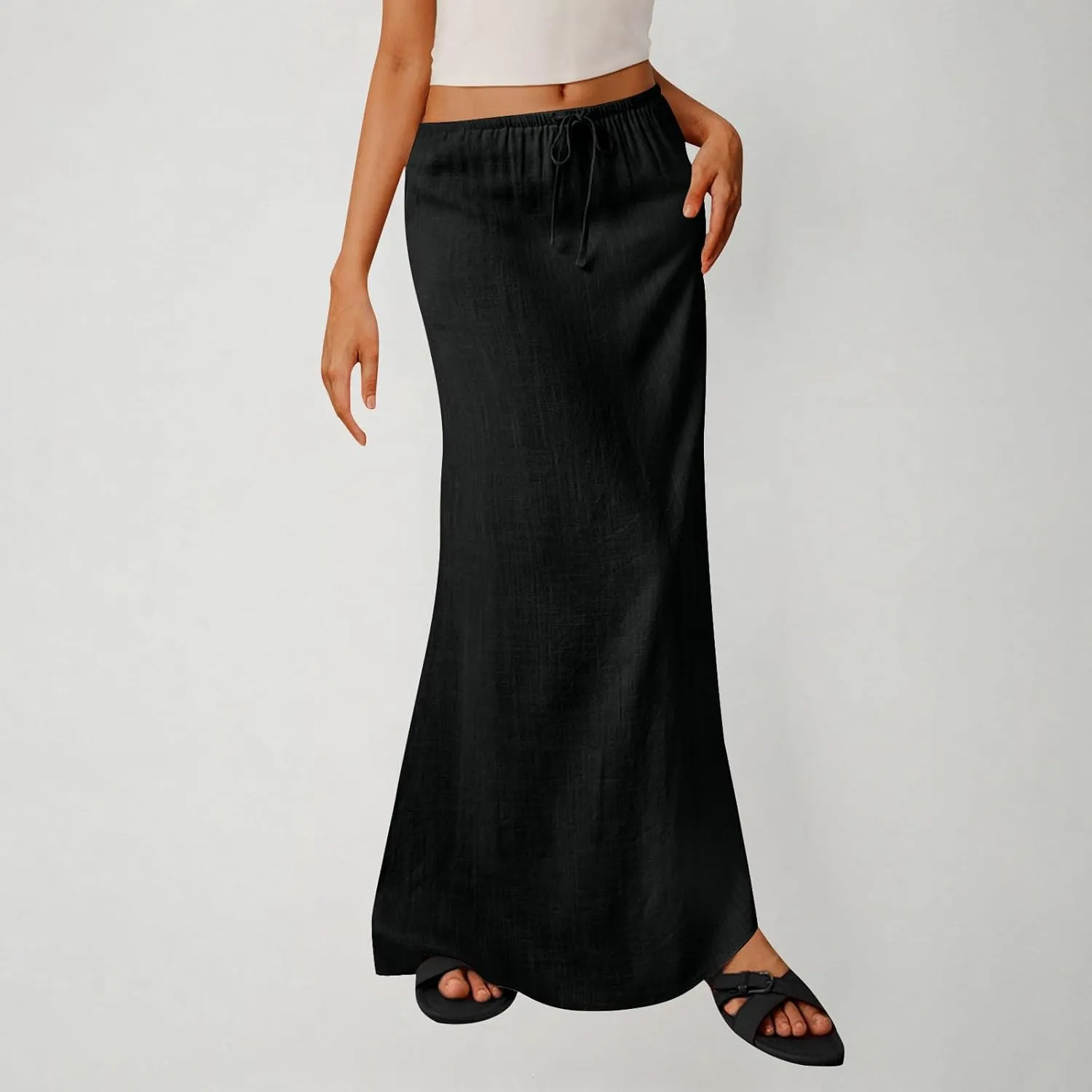 Women Summer Maxi Skorts 2025 Fashion Cotton Linen Elastic Waist Drawstring Skirts Solid Casual Vacation Flowy Skirt
