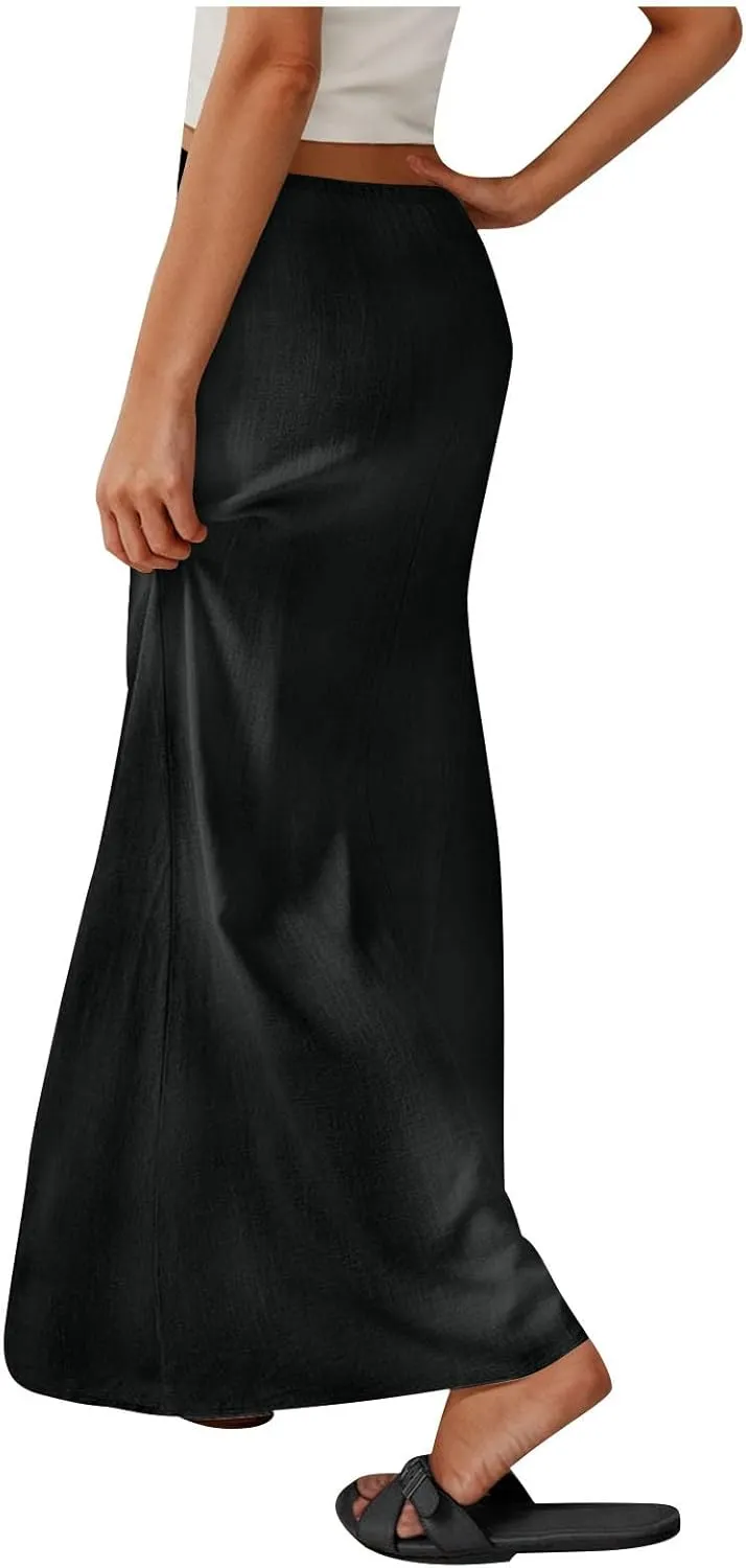 Women Summer Maxi Skorts 2025 Fashion Cotton Linen Elastic Waist Drawstring Skirts Solid Casual Vacation Flowy Skirt