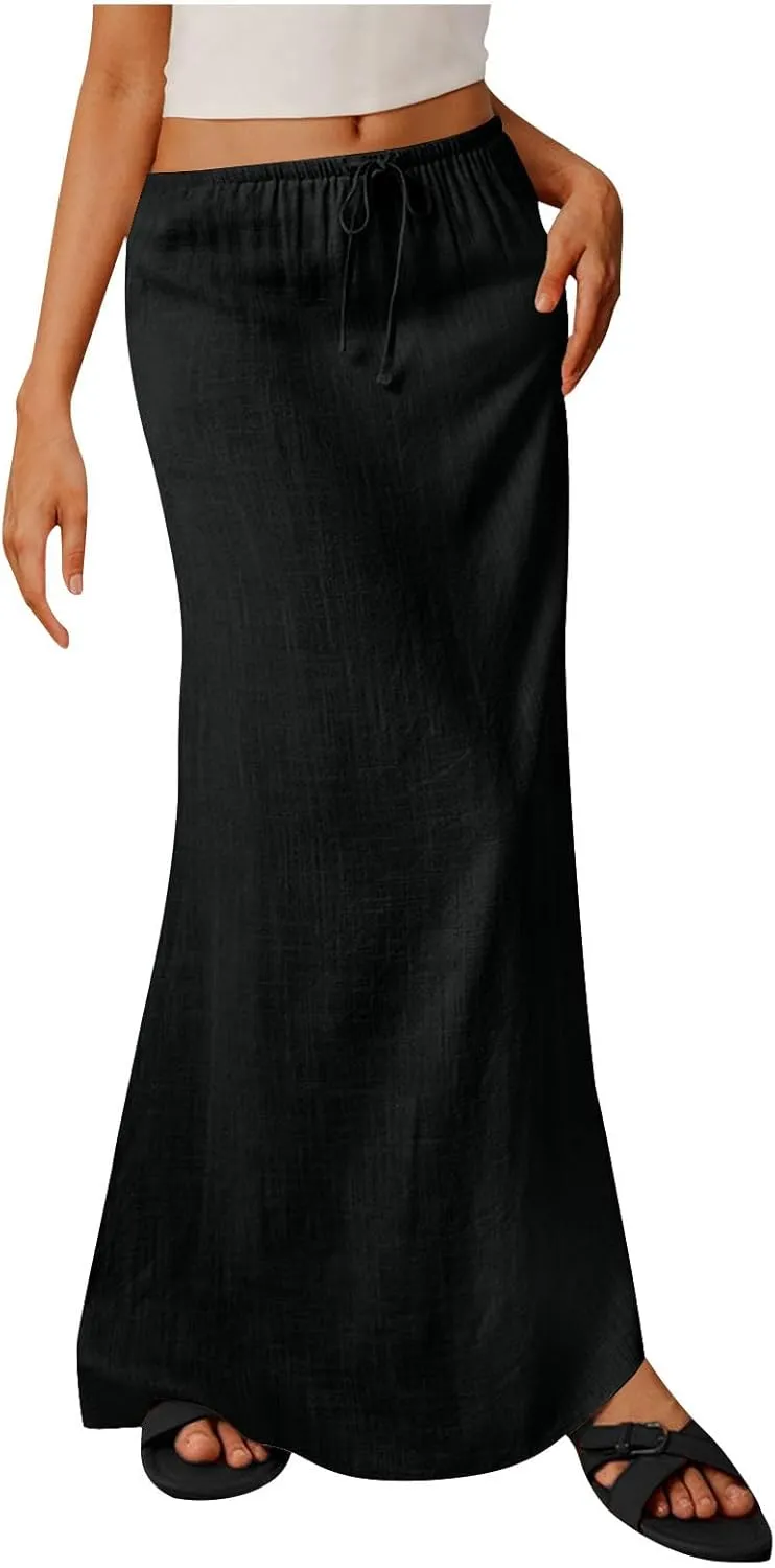 Women Summer Maxi Skorts 2025 Fashion Cotton Linen Elastic Waist Drawstring Skirts Solid Casual Vacation Flowy Skirt