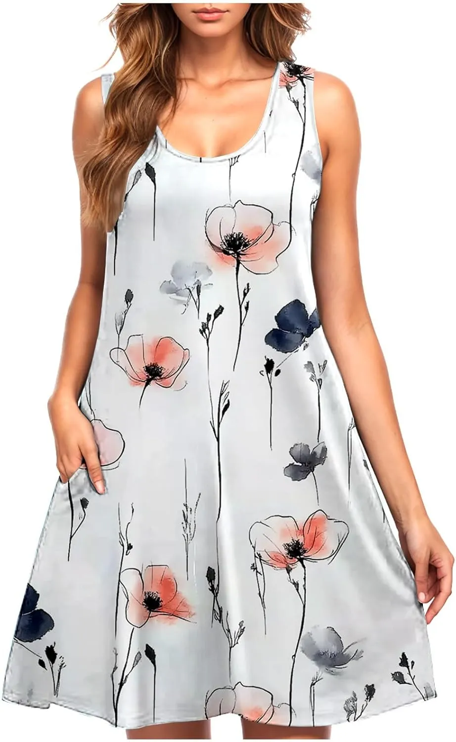 Womens 2025 Summer Floral Midi Dress Exotic Casual Square Neck Sleeveless Beach Wedding Guest Flowy a-Line Mini Dress
