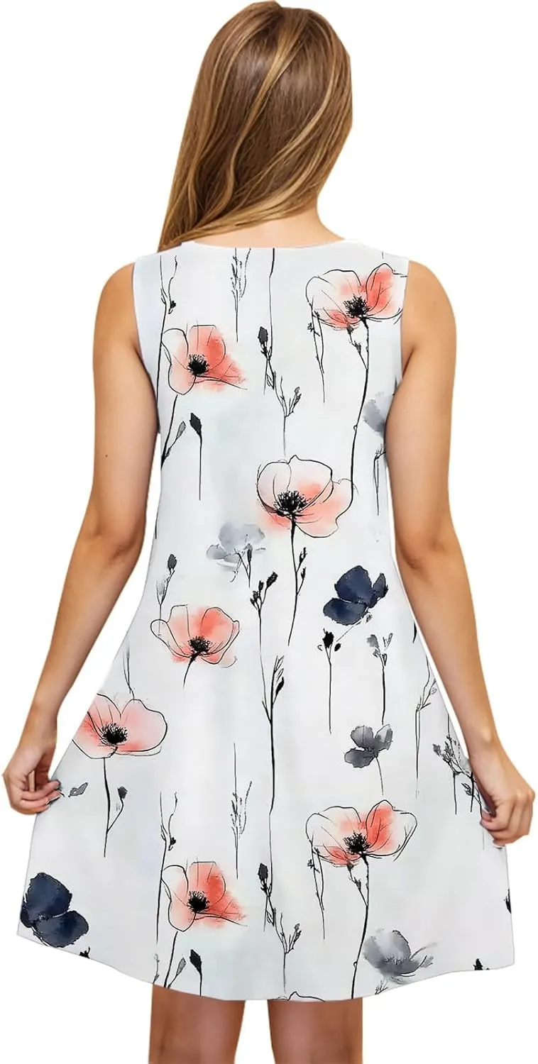 Womens 2025 Summer Floral Midi Dress Exotic Casual Square Neck Sleeveless Beach Wedding Guest Flowy a-Line Mini Dress