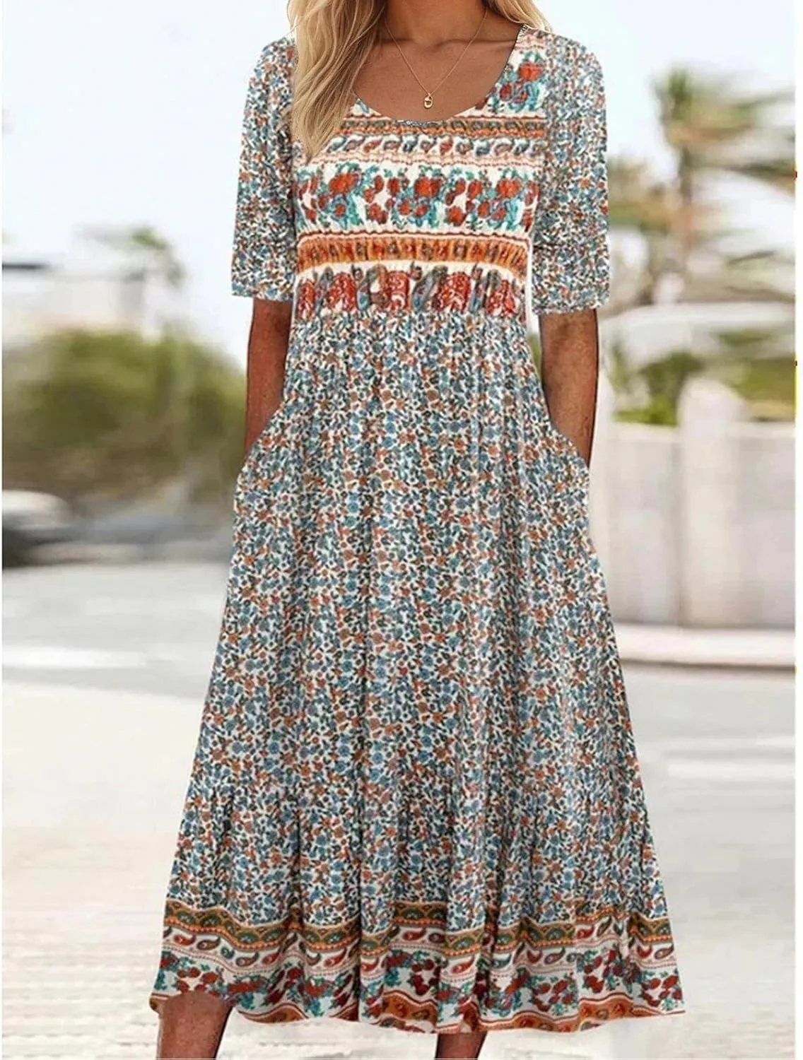 Women's Boho Floral Maxi Dress Casual Boho 2025 Summer Short Sleeve Beach Dresses with Pockets
