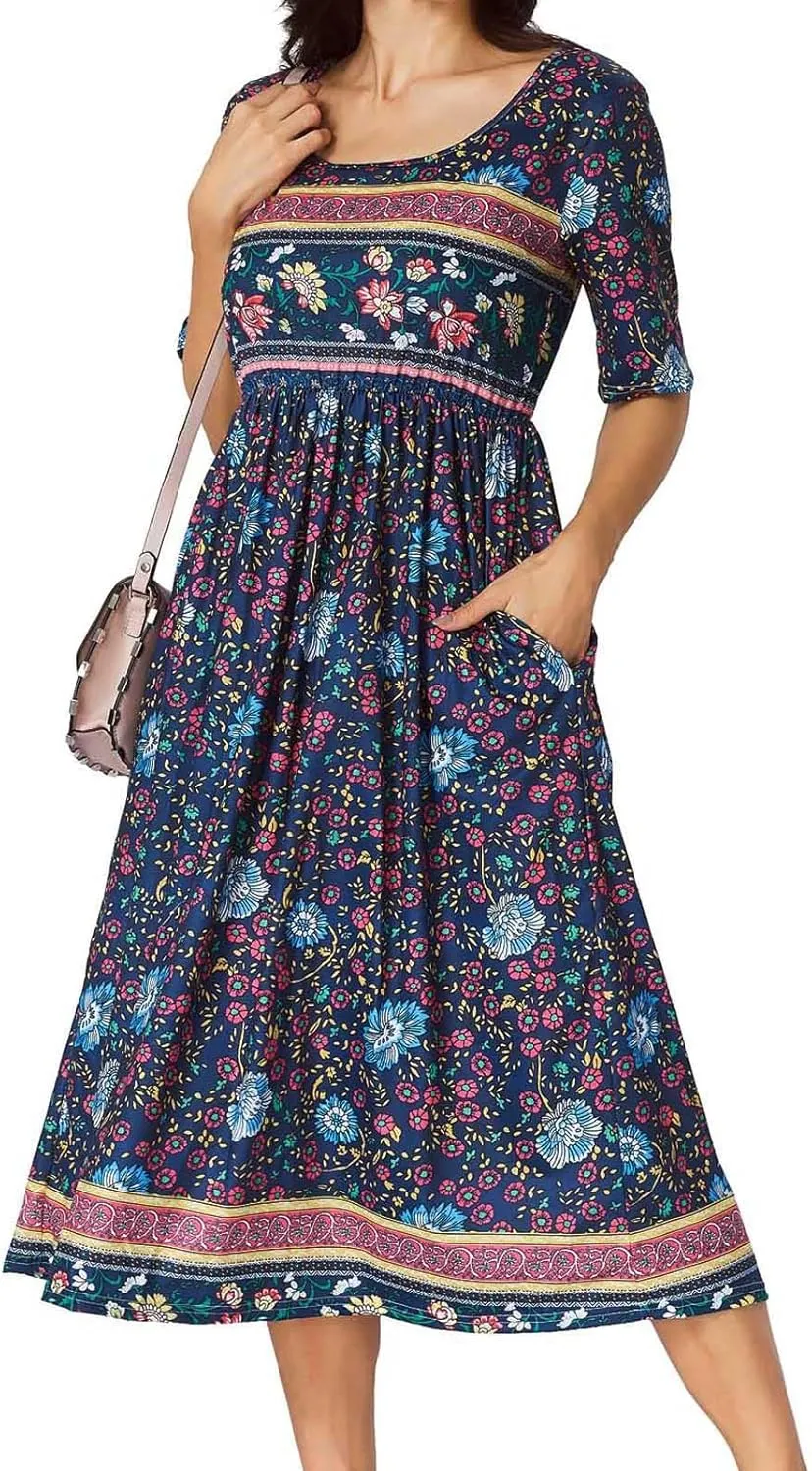 Women's Boho Floral Maxi Dress Casual Boho 2025 Summer Short Sleeve Beach Dresses with Pockets