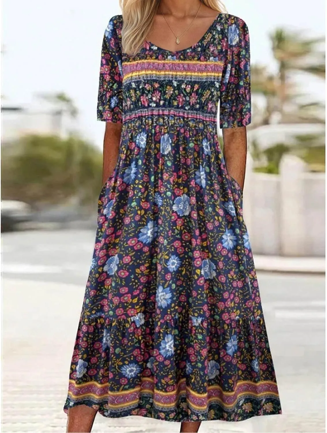 Women's Boho Floral Maxi Dress Casual Boho 2025 Summer Short Sleeve Beach Dresses with Pockets