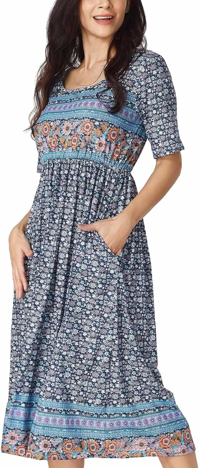 Women's Boho Floral Maxi Dress Casual Boho 2025 Summer Short Sleeve Beach Dresses with Pockets