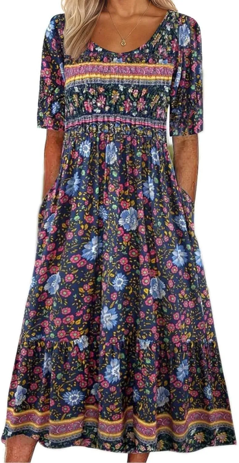 Women's Boho Floral Maxi Dress Casual Boho 2025 Summer Short Sleeve Beach Dresses with Pockets
