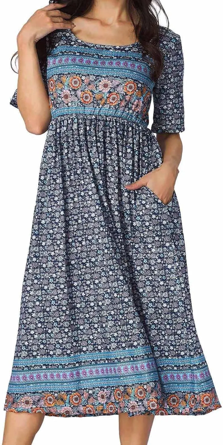 Women's Boho Floral Maxi Dress Casual Boho 2025 Summer Short Sleeve Beach Dresses with Pockets