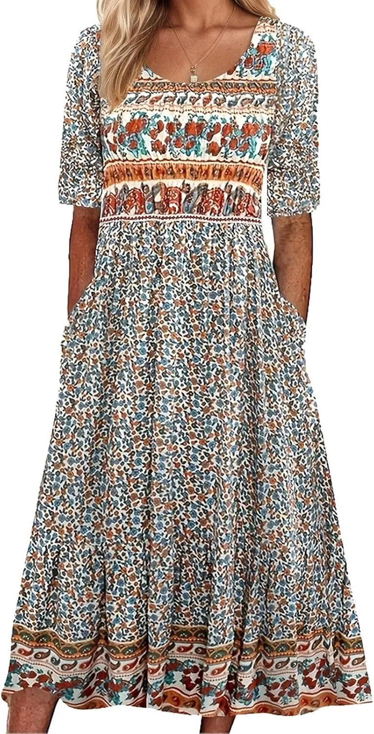 Women's Boho Floral Maxi Dress Casual Boho 2025 Summer Short Sleeve Beach Dresses with Pockets