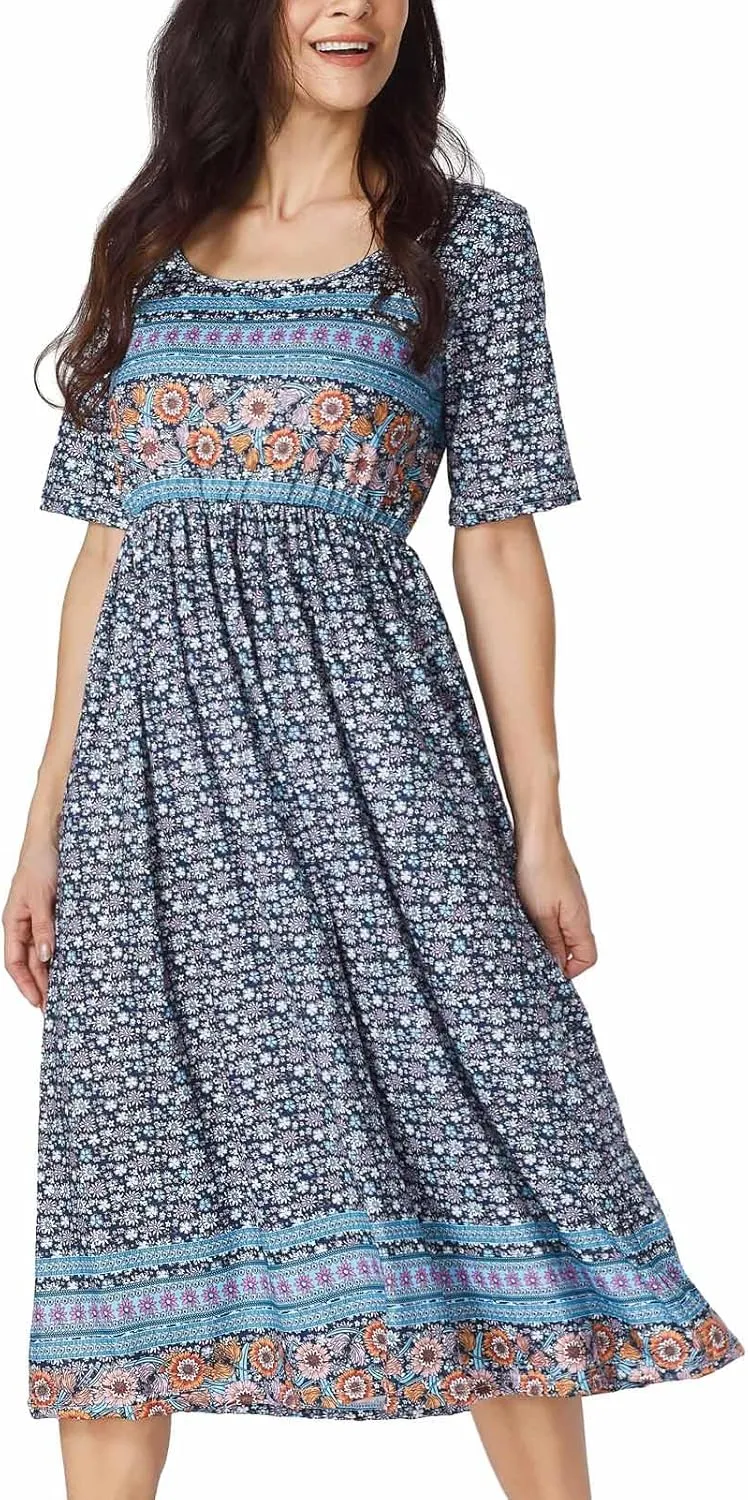 Women's Boho Floral Maxi Dress Casual Boho 2025 Summer Short Sleeve Beach Dresses with Pockets