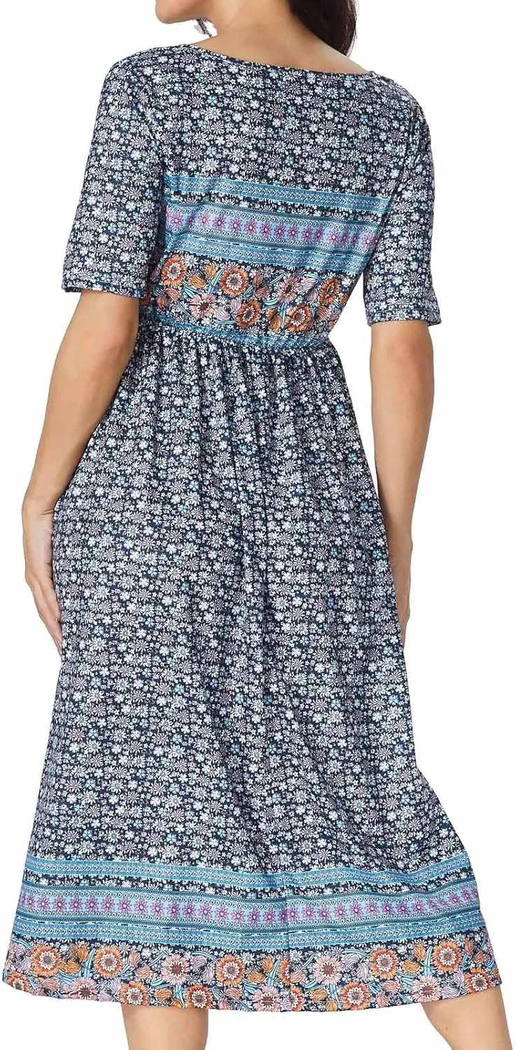 Women's Boho Floral Maxi Dress Casual Boho 2025 Summer Short Sleeve Beach Dresses with Pockets