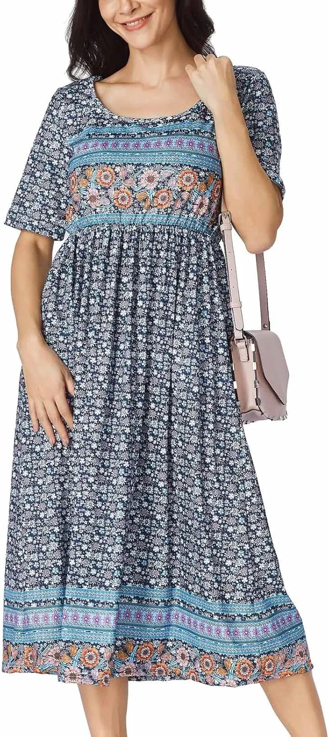 Women's Boho Floral Maxi Dress Casual Boho 2025 Summer Short Sleeve Beach Dresses with Pockets