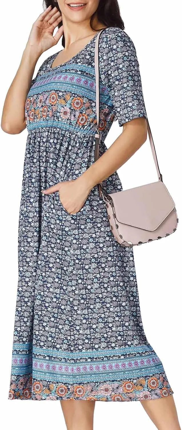 Women's Boho Floral Maxi Dress Casual Boho 2025 Summer Short Sleeve Beach Dresses with Pockets