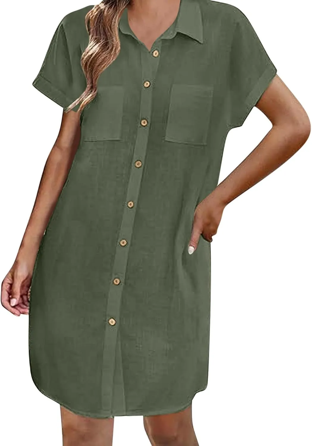 Womens Button Down Shirt Dress Summer Cotton Linen Dress V Neck Mini Dress Casual Short Sleeve Beach Tunic Dresses