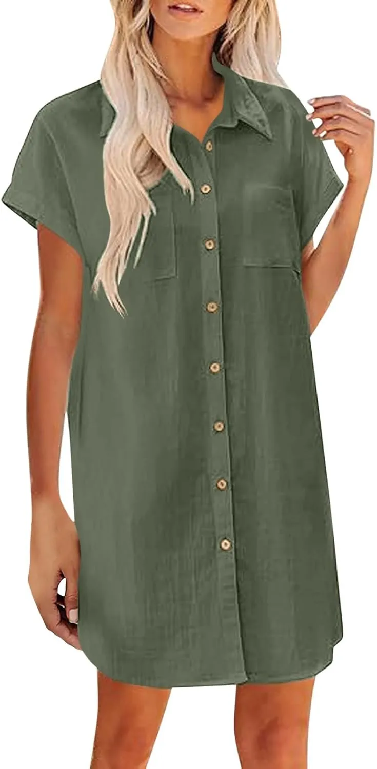Womens Button Down Shirt Dress Summer Cotton Linen Dress V Neck Mini Dress Casual Short Sleeve Beach Tunic Dresses
