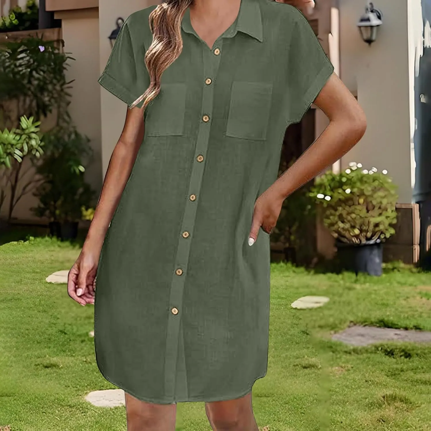 Womens Button Down Shirt Dress Summer Cotton Linen Dress V Neck Mini Dress Casual Short Sleeve Beach Tunic Dresses