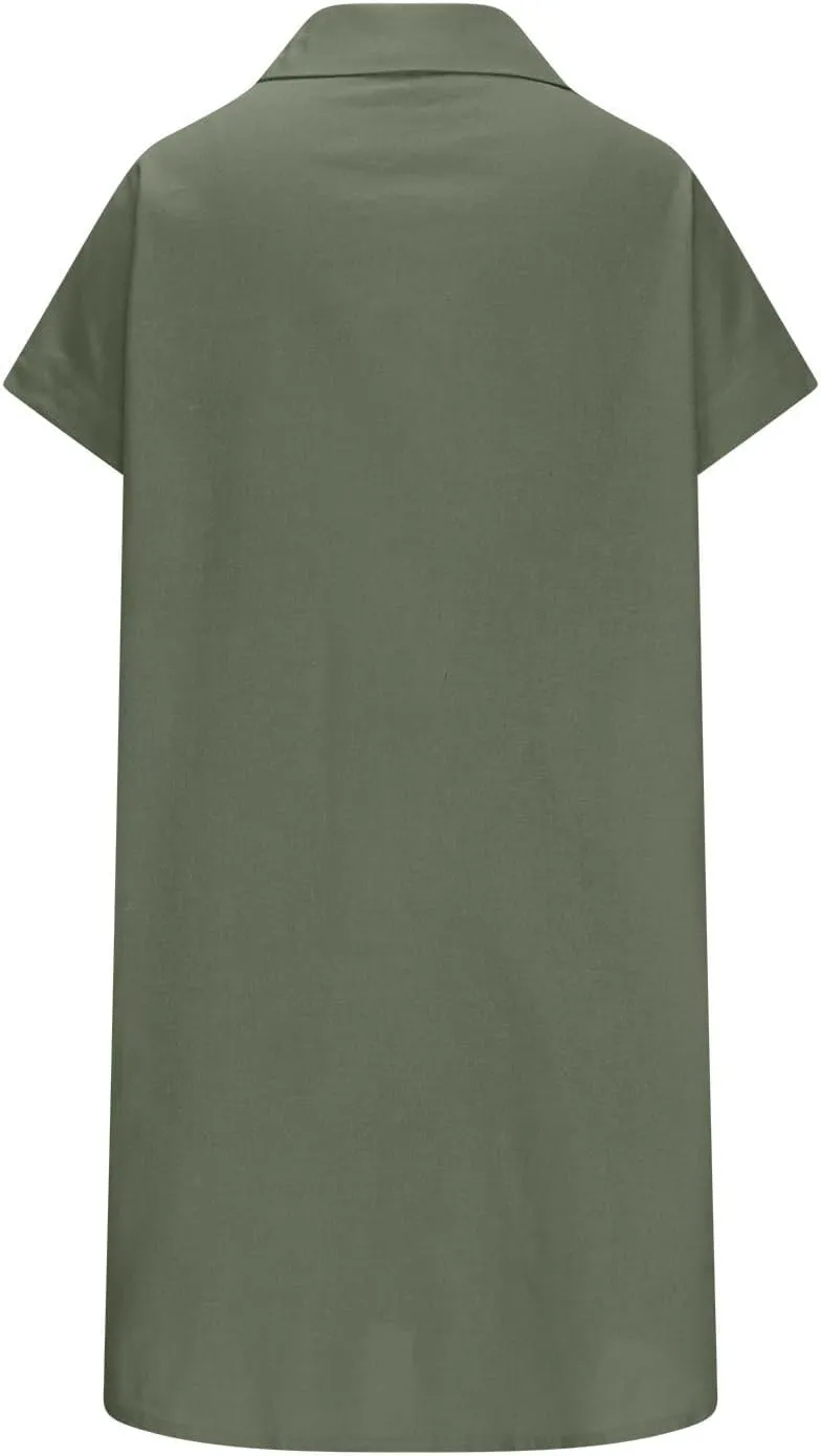 Womens Button Down Shirt Dress Summer Cotton Linen Dress V Neck Mini Dress Casual Short Sleeve Beach Tunic Dresses