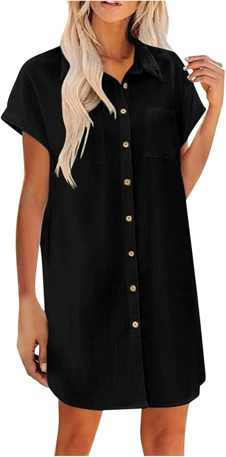 Womens Button Down Shirt Dress Summer Cotton Linen Dress V Neck Mini Dress Casual Short Sleeve Beach Tunic Dresses