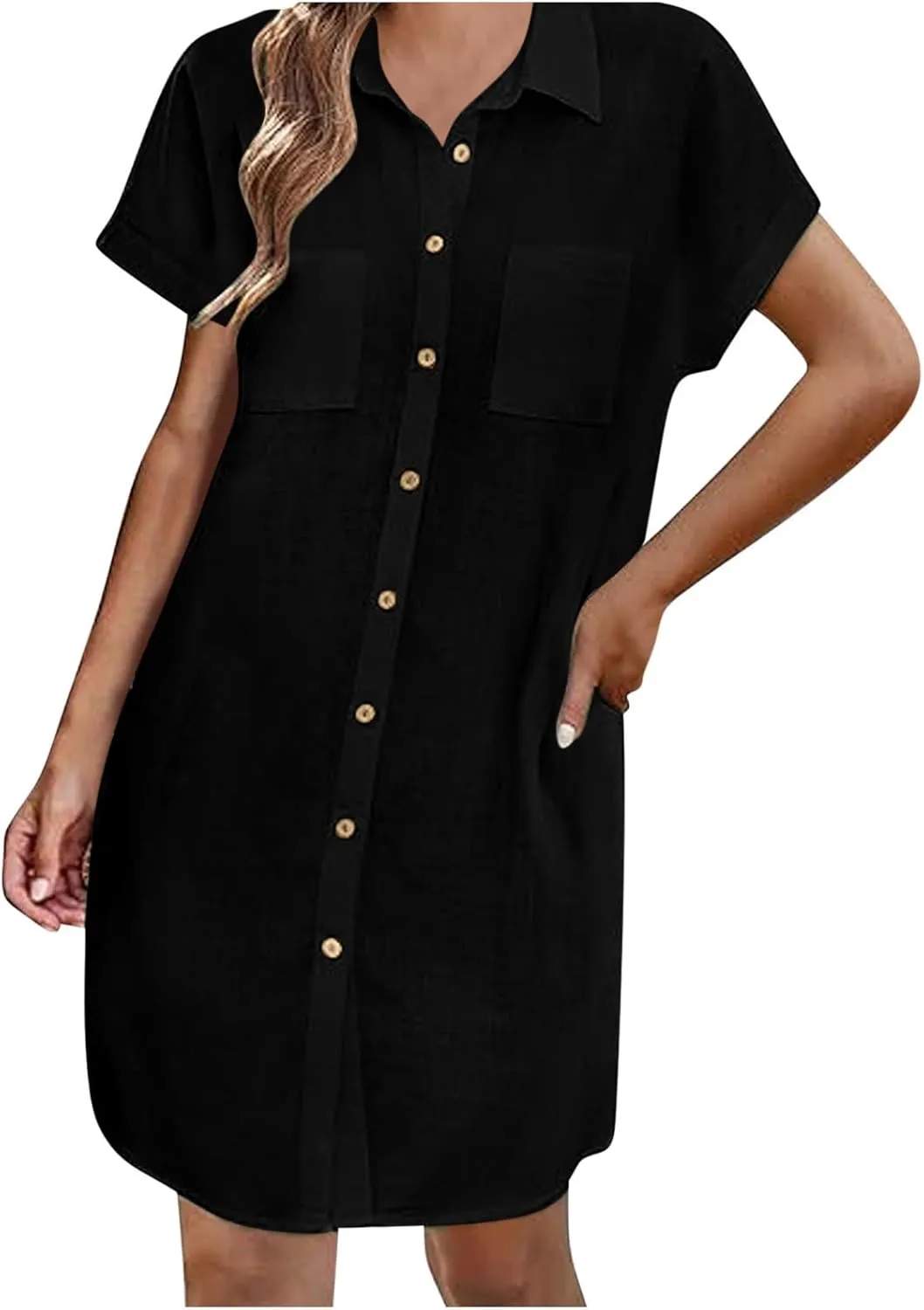 Womens Button Down Shirt Dress Summer Cotton Linen Dress V Neck Mini Dress Casual Short Sleeve Beach Tunic Dresses