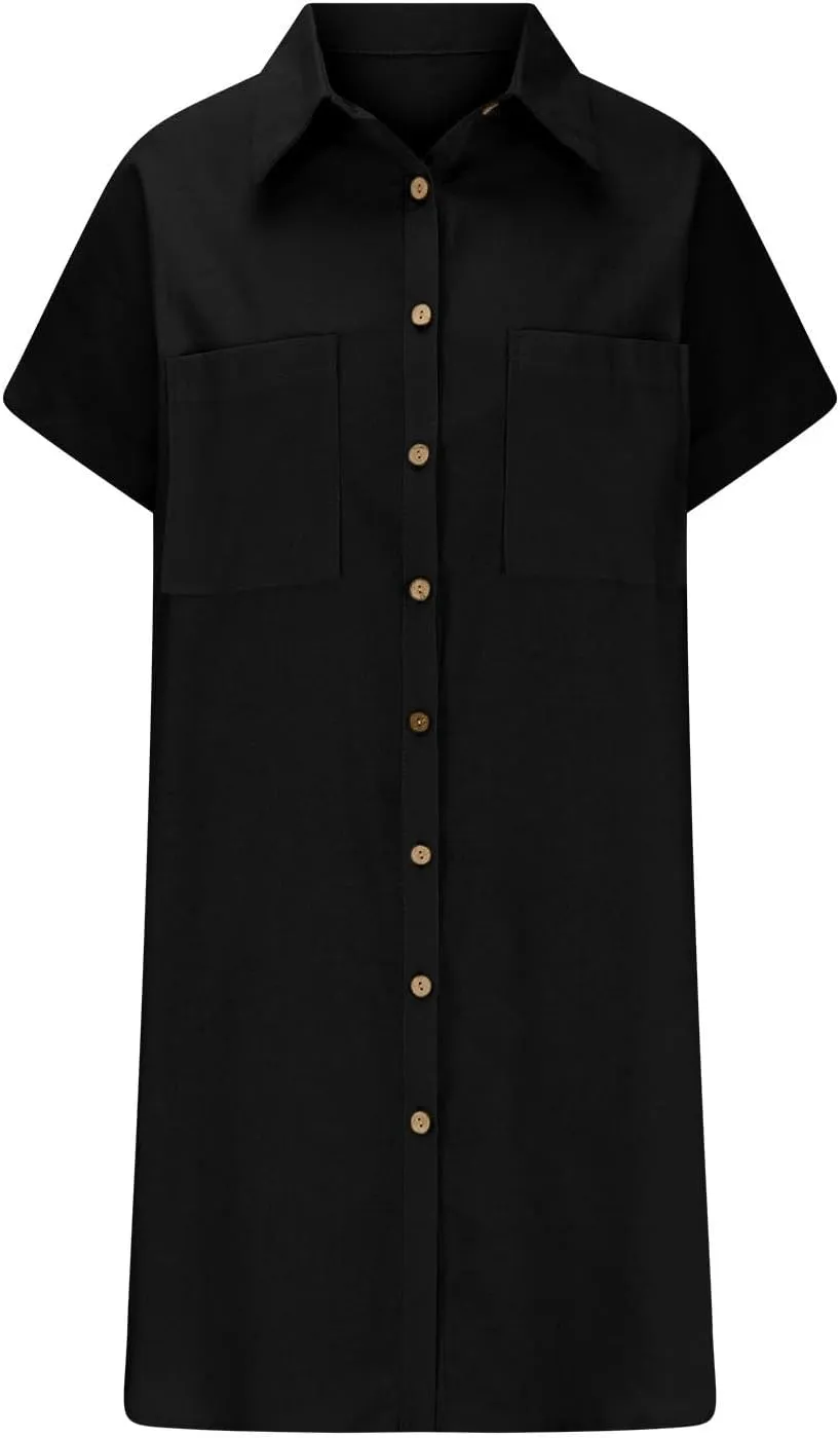 Womens Button Down Shirt Dress Summer Cotton Linen Dress V Neck Mini Dress Casual Short Sleeve Beach Tunic Dresses