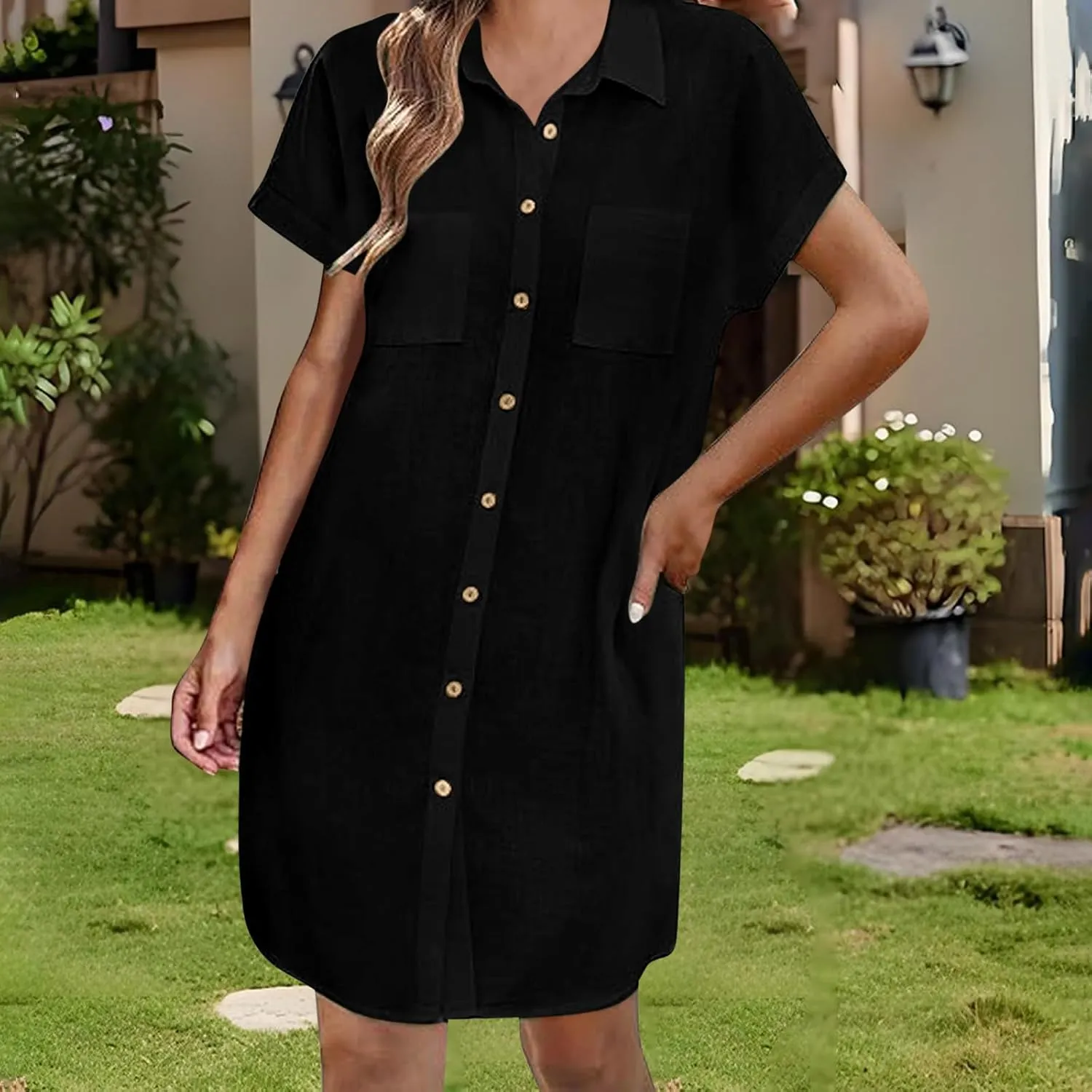 Womens Button Down Shirt Dress Summer Cotton Linen Dress V Neck Mini Dress Casual Short Sleeve Beach Tunic Dresses