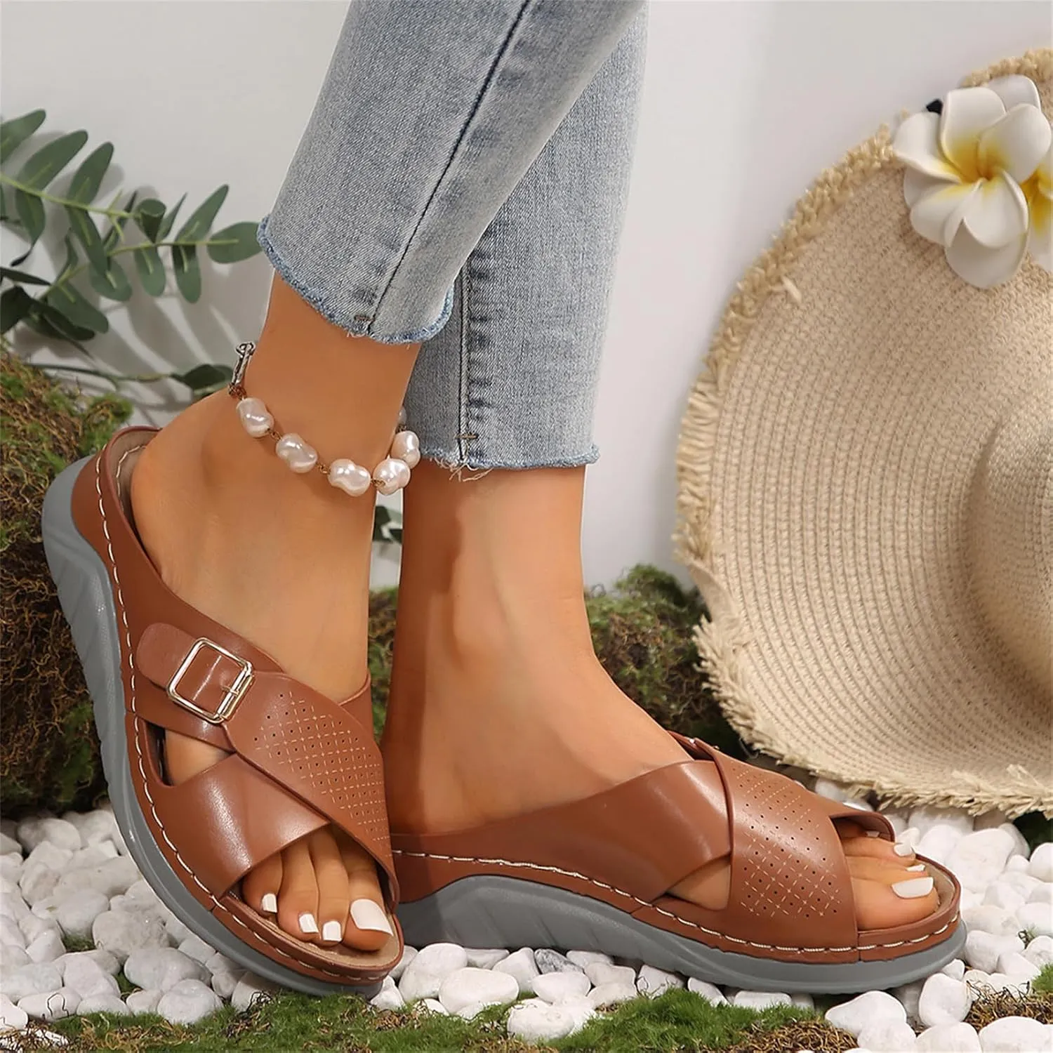 Women's Casual Summer Hollow Out Platform Wedge Sandals Slip On Orthopedic Sandals Walking Shoes