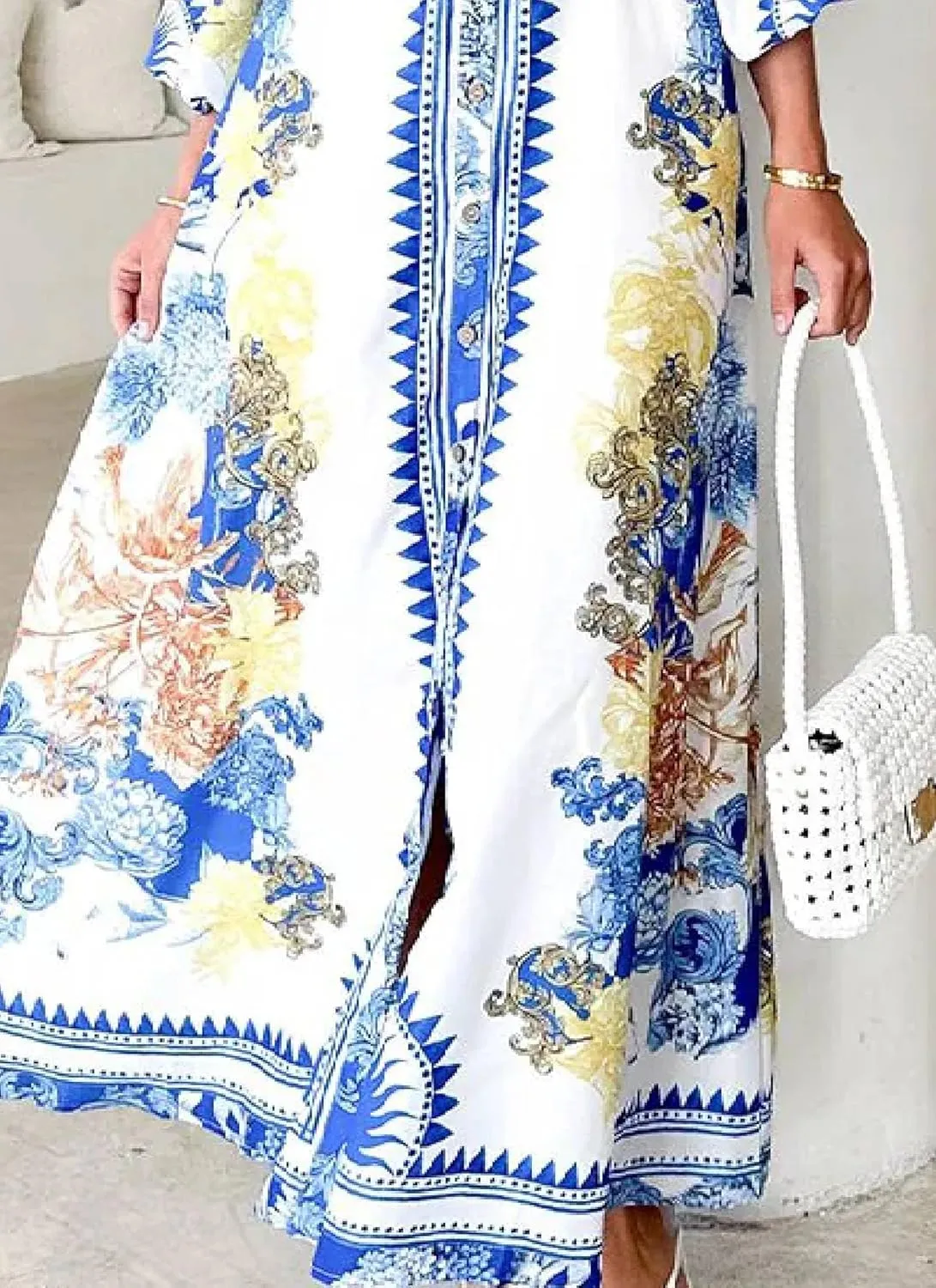 Women's Collar Neck Floral Print Maxi Shirt Dress with Belted Waist and Button Design Long Sleeve 2025 Fashion Clothes