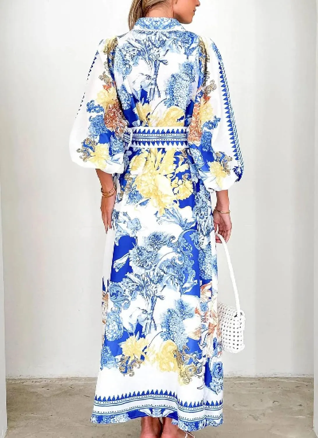 Women's Collar Neck Floral Print Maxi Shirt Dress with Belted Waist and Button Design Long Sleeve 2025 Fashion Clothes