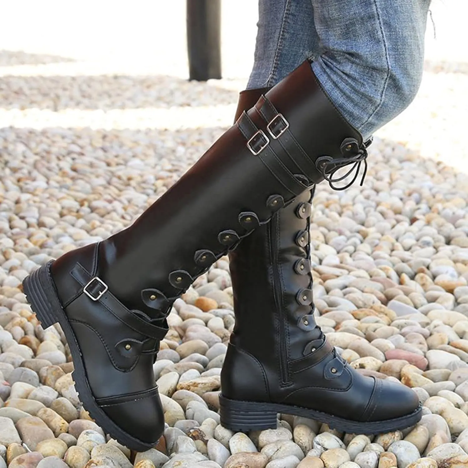 Womens Combat Boots,Low Heel Round Toe Tall Boots with Multi Adjustable Buckl Strap Long Strappy Lace Up Knee High Boots Classic Steampunk High Boots for Women Winter Fall Walking Hiking