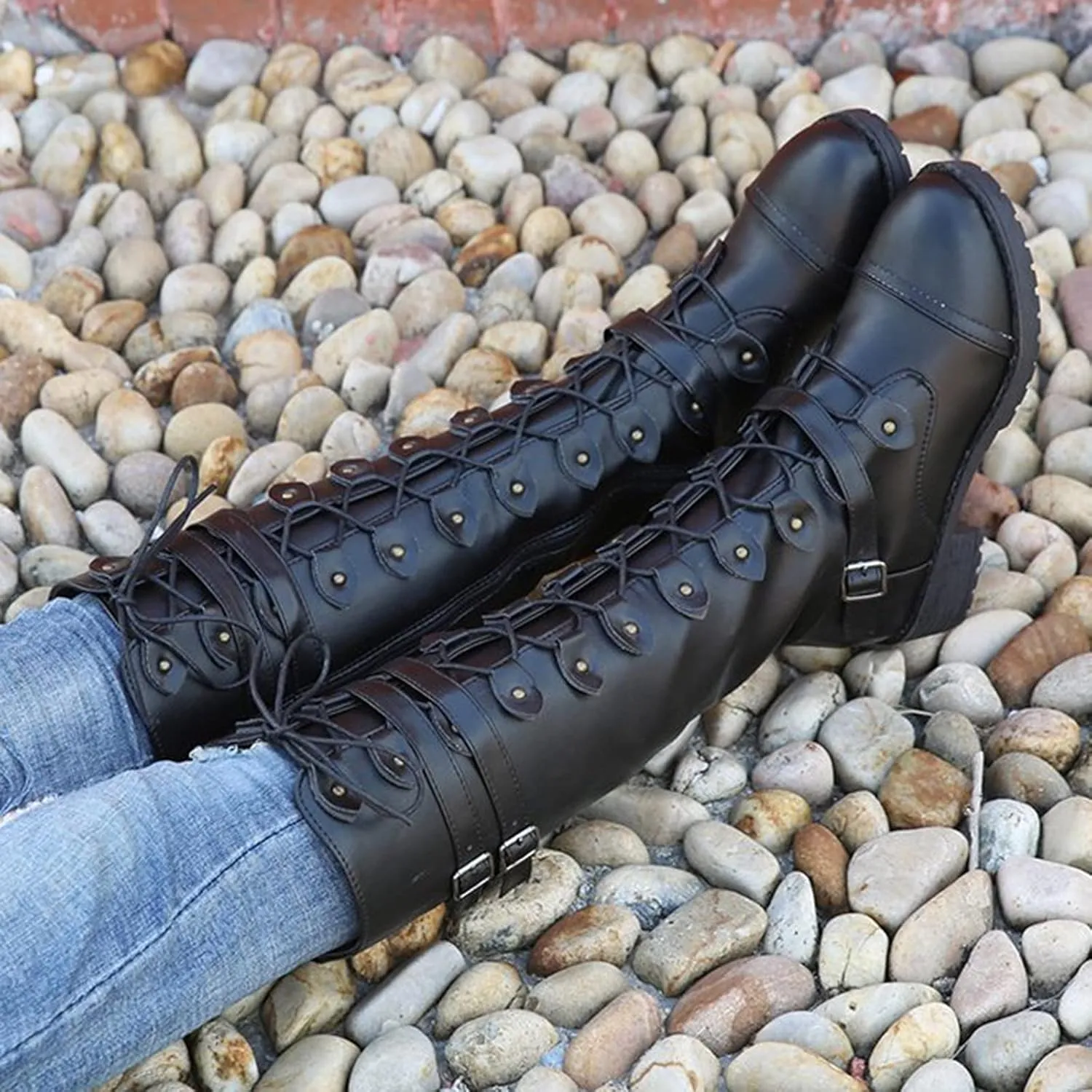 Womens Combat Boots,Low Heel Round Toe Tall Boots with Multi Adjustable Buckl Strap Long Strappy Lace Up Knee High Boots Classic Steampunk High Boots for Women Winter Fall Walking Hiking