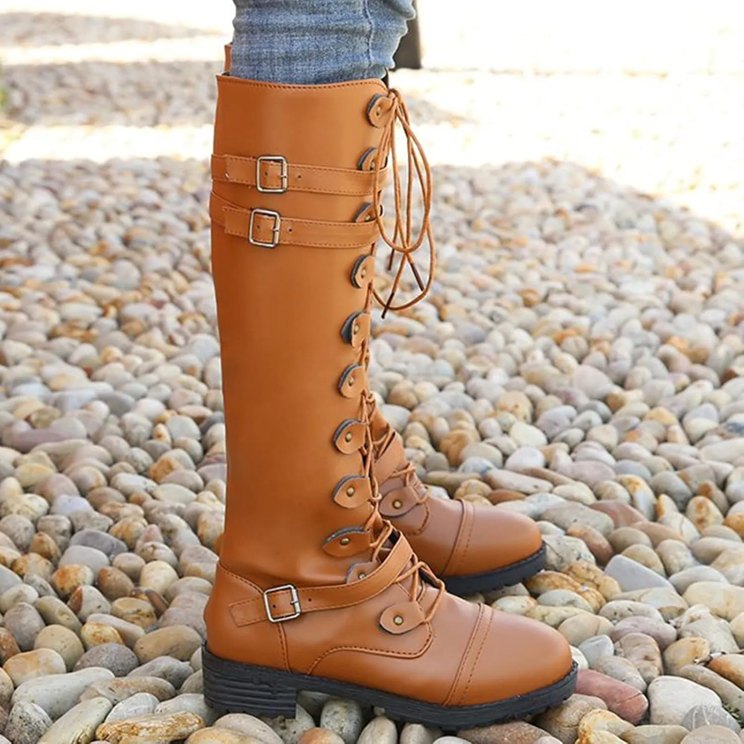 Womens Combat Boots,Low Heel Round Toe Tall Boots with Multi Adjustable Buckl Strap Long Strappy Lace Up Knee High Boots Classic Steampunk High Boots for Women Winter Fall Walking Hiking