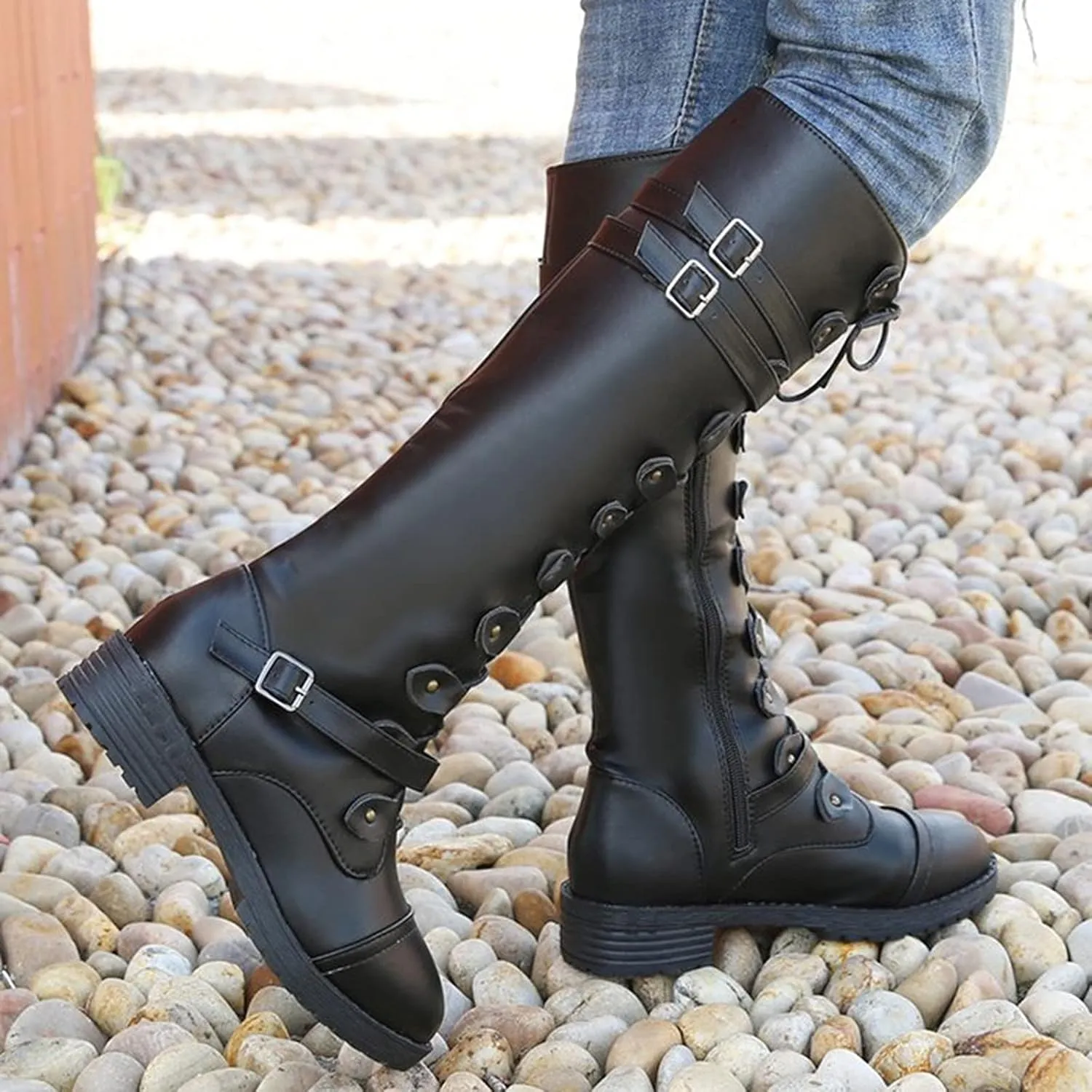 Womens Combat Boots,Low Heel Round Toe Tall Boots with Multi Adjustable Buckl Strap Long Strappy Lace Up Knee High Boots Classic Steampunk High Boots for Women Winter Fall Walking Hiking