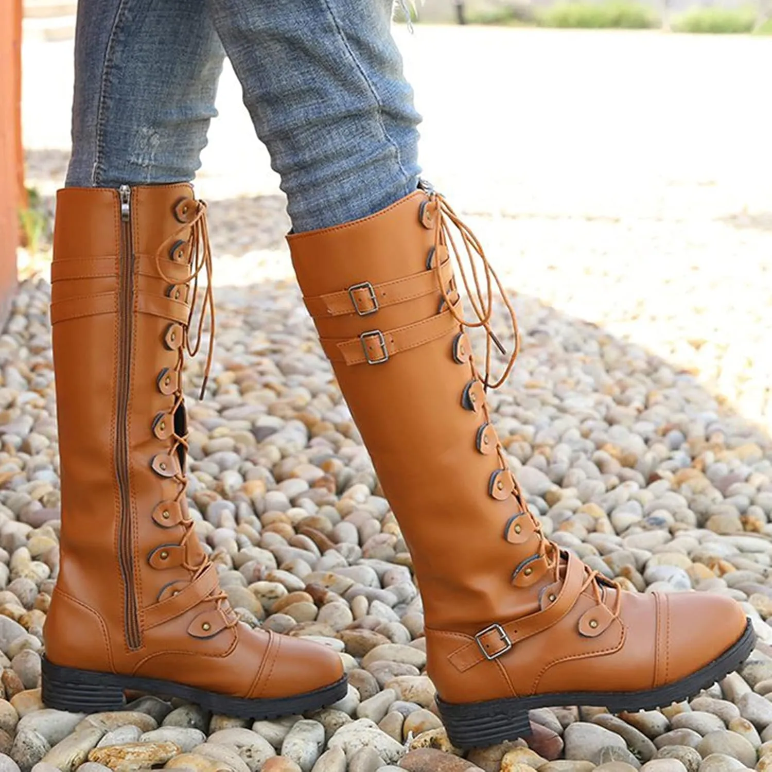 Womens Combat Boots,Low Heel Round Toe Tall Boots with Multi Adjustable Buckl Strap Long Strappy Lace Up Knee High Boots Classic Steampunk High Boots for Women Winter Fall Walking Hiking