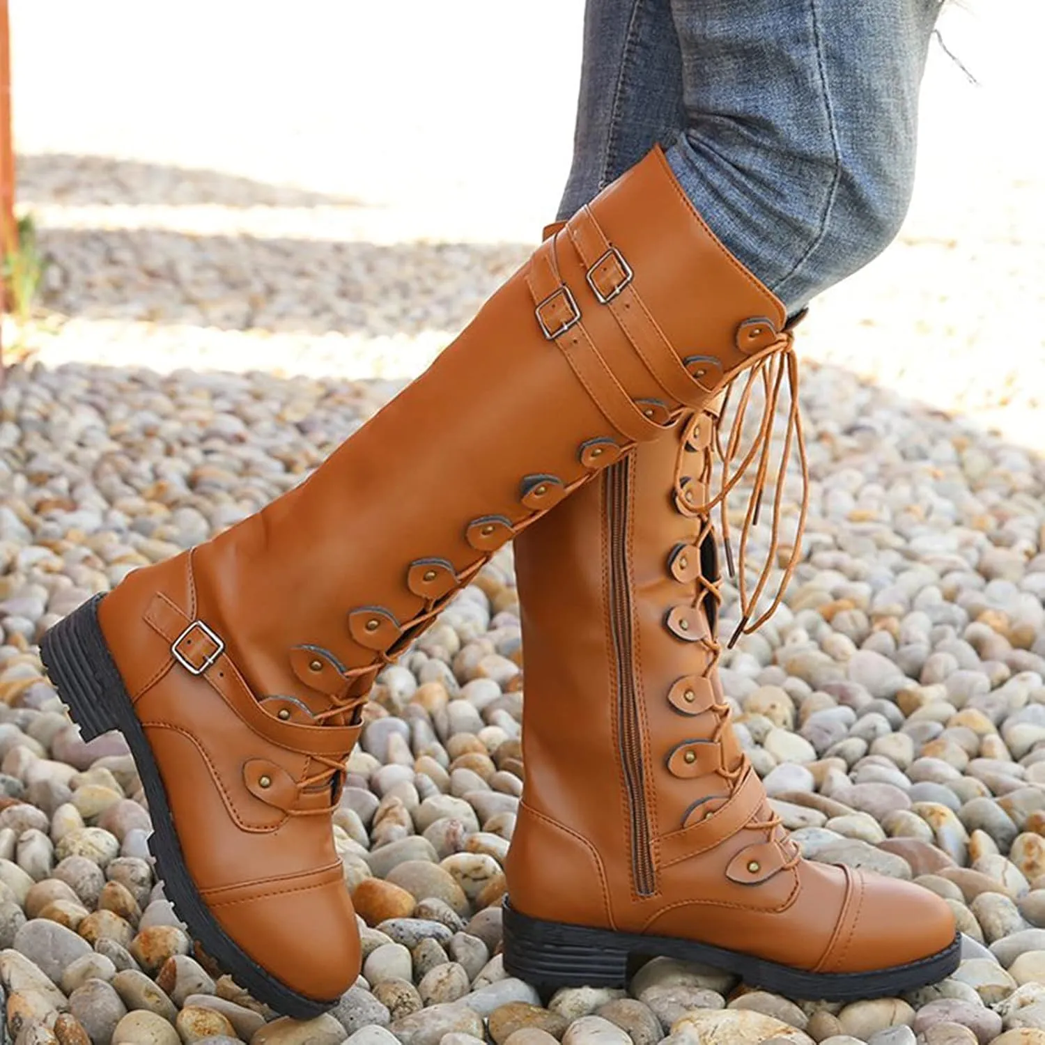 Womens Combat Boots,Low Heel Round Toe Tall Boots with Multi Adjustable Buckl Strap Long Strappy Lace Up Knee High Boots Classic Steampunk High Boots for Women Winter Fall Walking Hiking