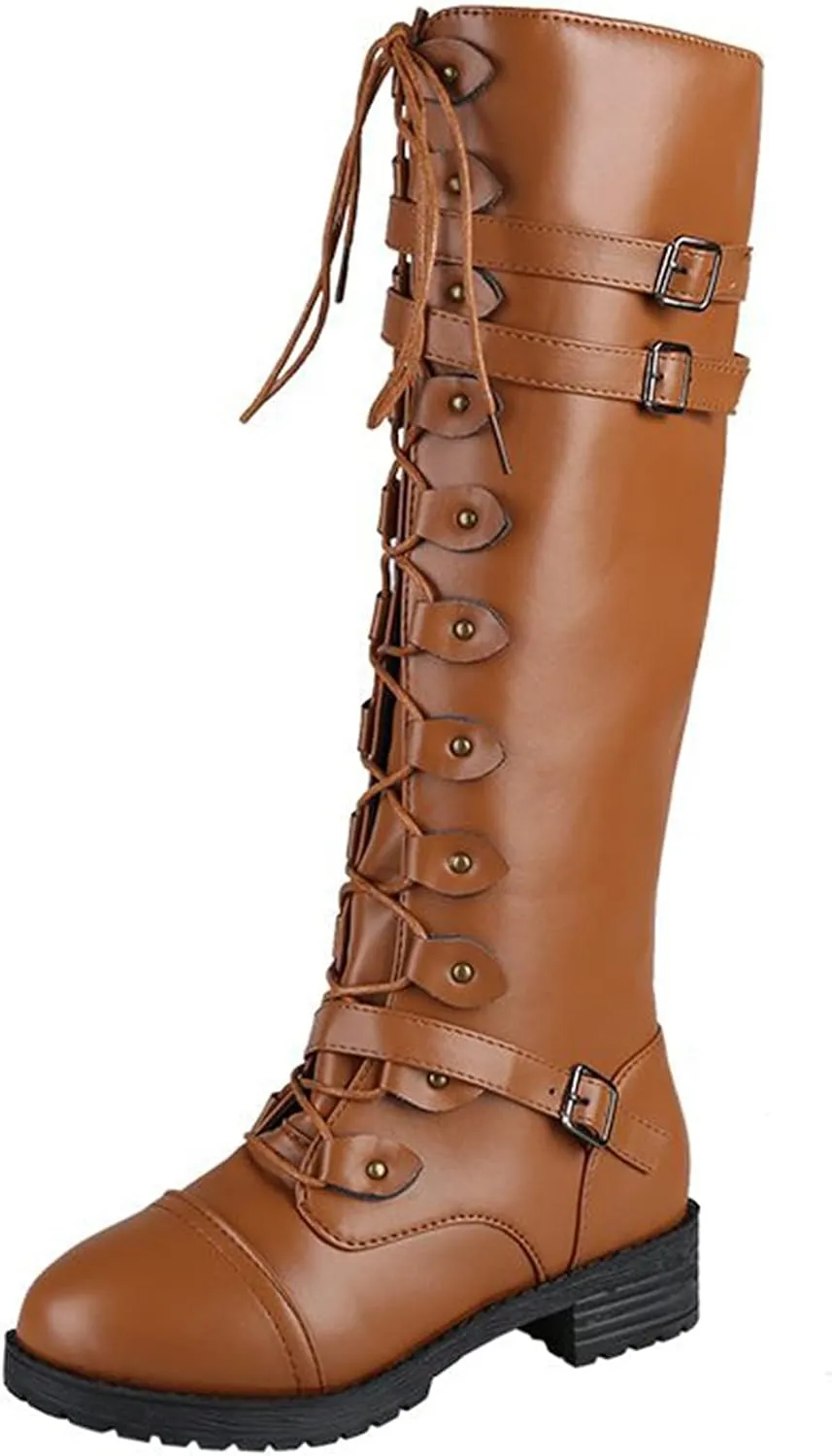 Womens Combat Boots,Low Heel Round Toe Tall Boots with Multi Adjustable Buckl Strap Long Strappy Lace Up Knee High Boots Classic Steampunk High Boots for Women Winter Fall Walking Hiking
